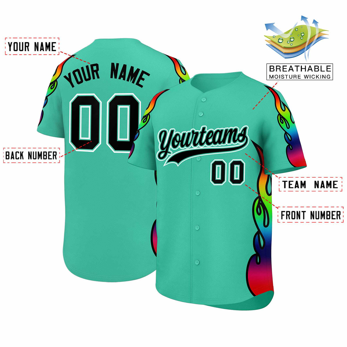 Custom Bright Green Graffiti Pattern Personalized Multicolored Flames Print Authentic Baseball Jersey| KXKSHOP