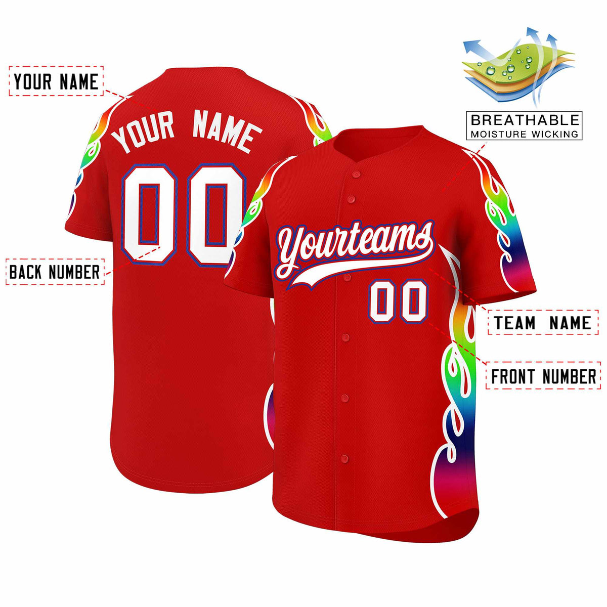 Custom Red Graffiti Pattern Personalized Multicolored Flames Print Authentic Baseball Jersey| KXKSHOP