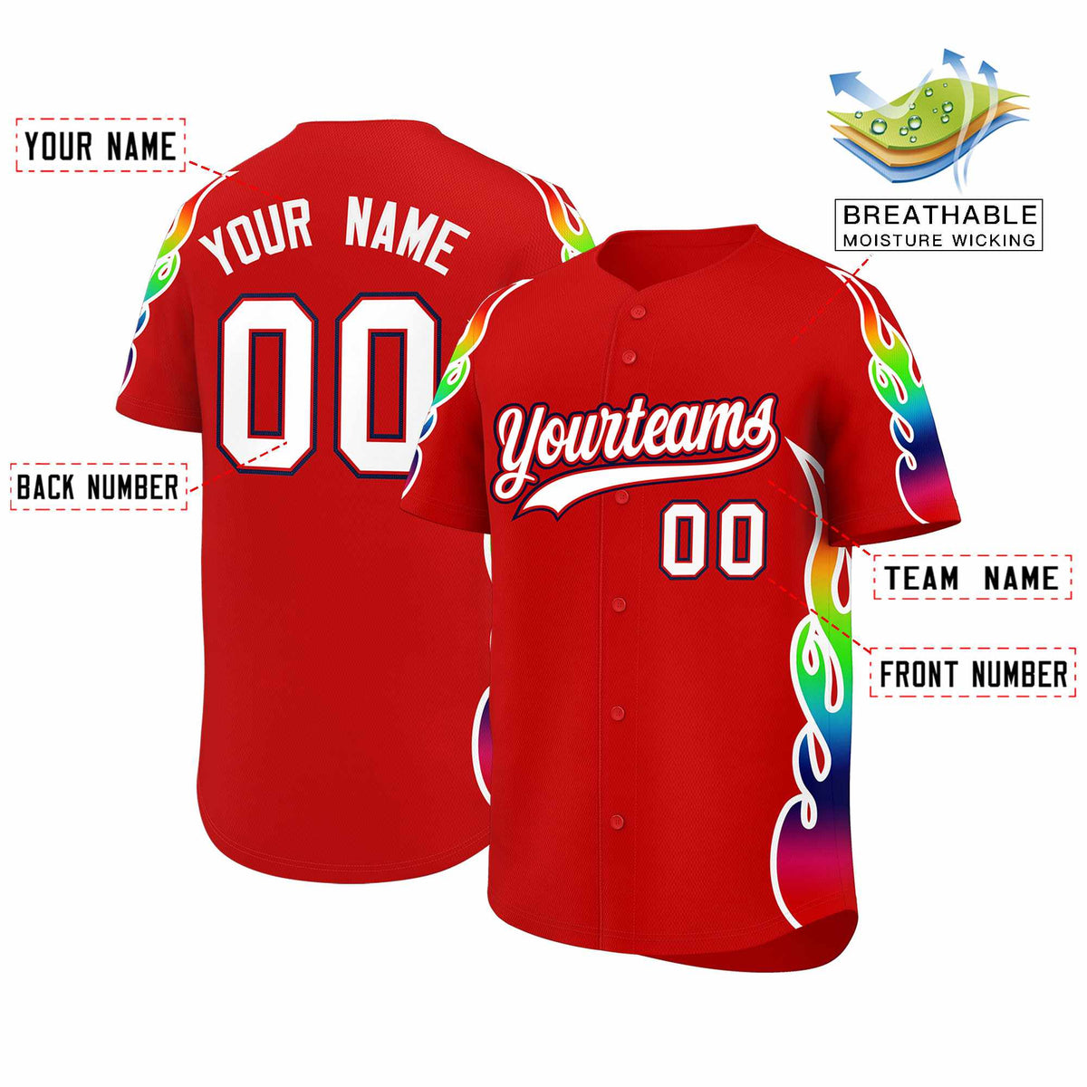 Custom Red Graffiti Pattern Personalized Multicolored Flames Print Authentic Baseball Jersey| KXKSHOP