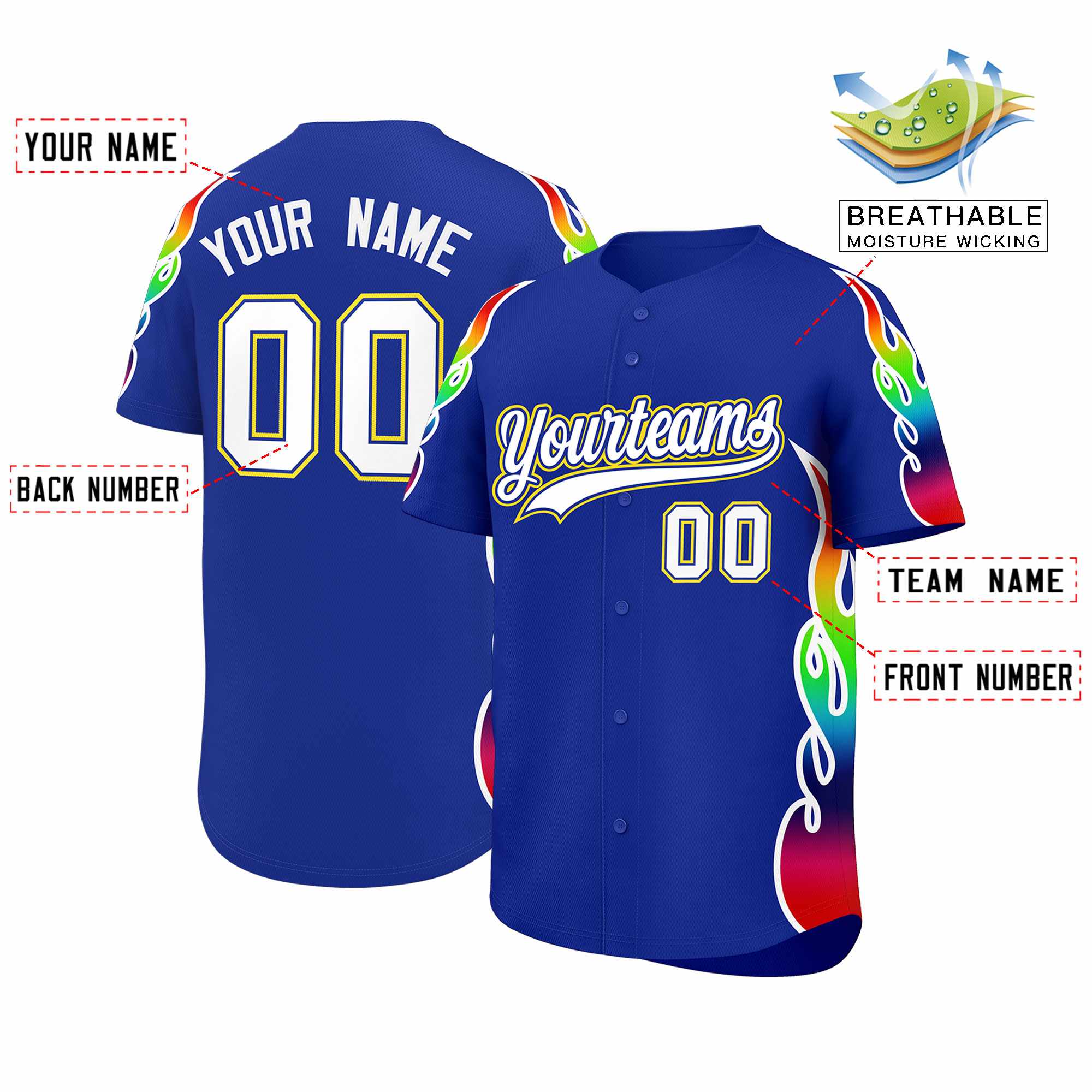 Custom Royal Graffiti Pattern Personalized Multicolored Flames Print Authentic Baseball Jersey| KXKSHOP