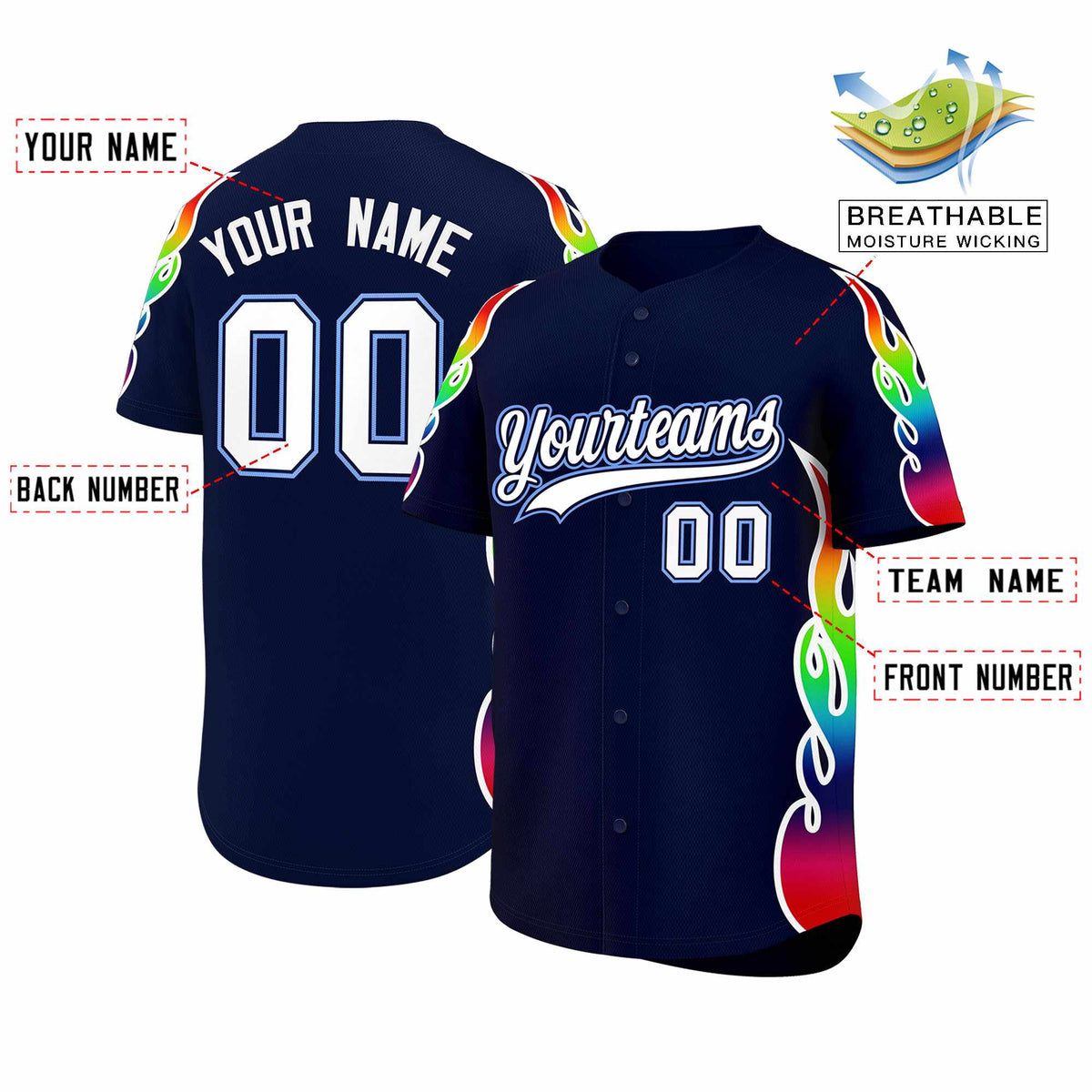 Custom Navy Graffiti Pattern Personalized Multicolored Flames Print Authentic Baseball Jersey| KXKSHOP