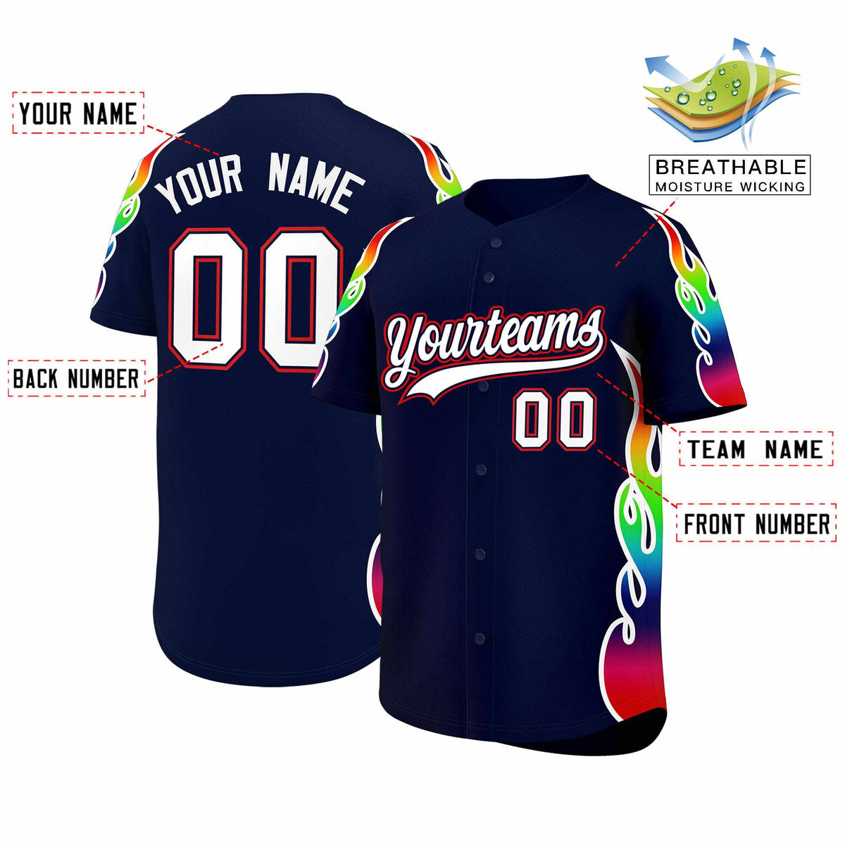 Custom Navy Graffiti Pattern Personalized Multicolored Flames Print Authentic Baseball Jersey| KXKSHOP