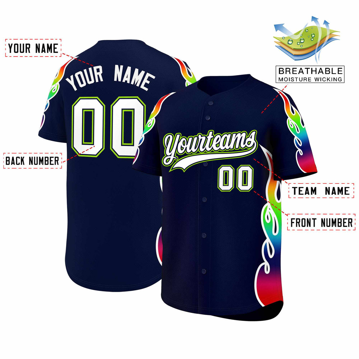Custom Navy Graffiti Pattern Personalized Multicolored Flames Print Authentic Baseball Jersey| KXKSHOP