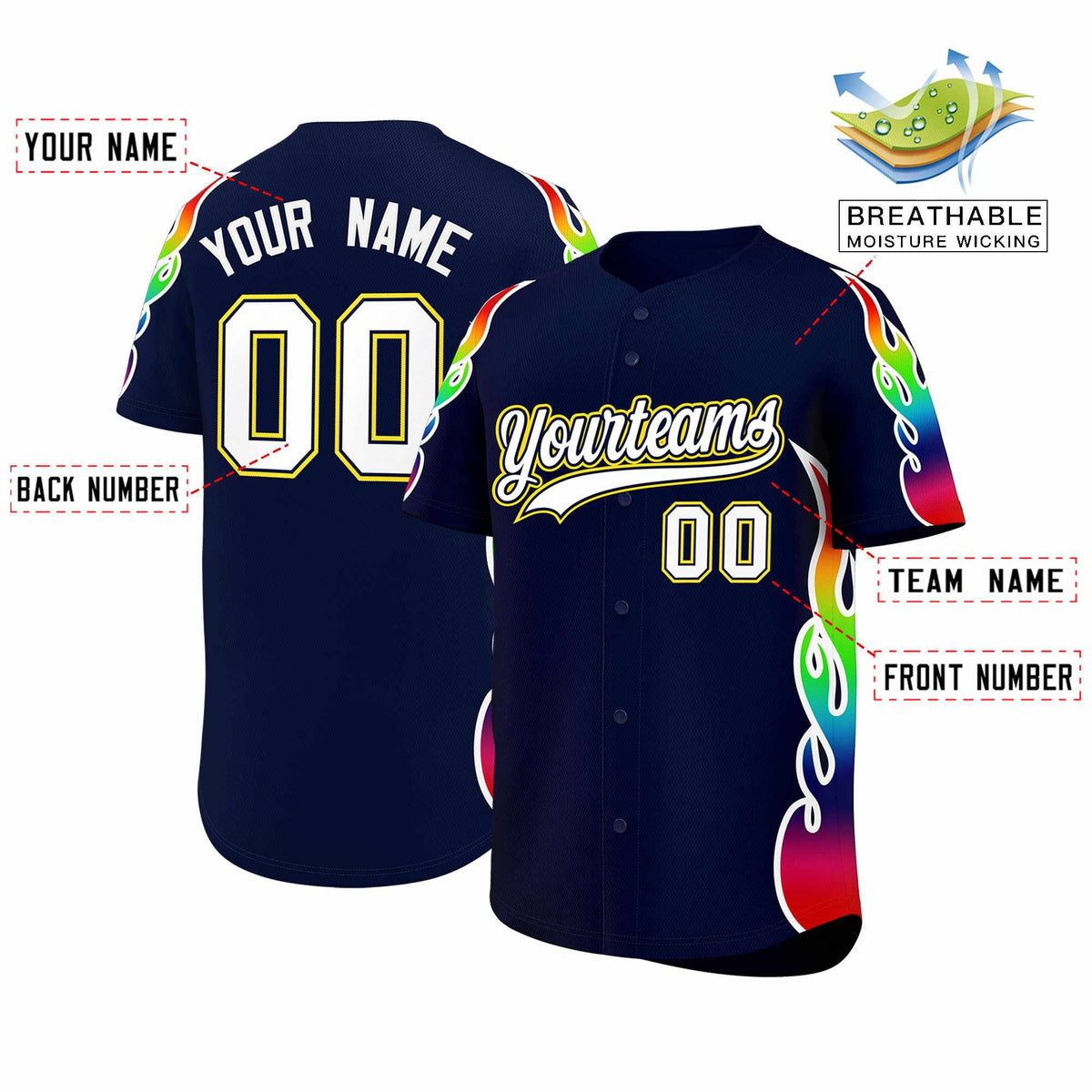 Custom Navy Graffiti Pattern Personalized Multicolored Flames Print Authentic Baseball Jersey| KXKSHOP