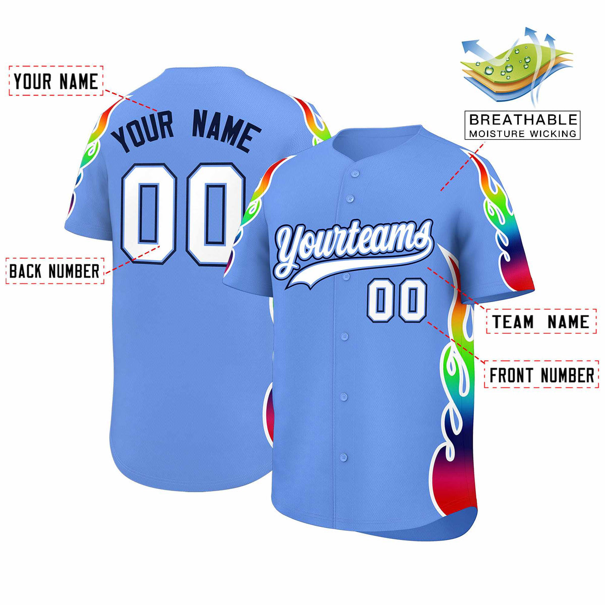 Custom Light Blue Graffiti Pattern Personalized Multicolored Flames Print Authentic Baseball Jersey| KXKSHOP