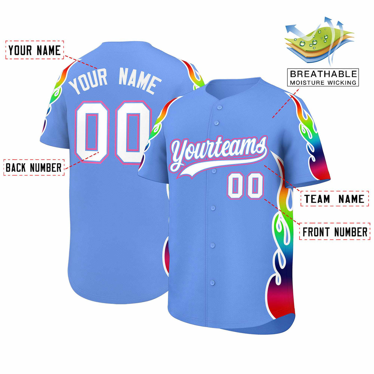 Custom Light Blue Graffiti Pattern Personalized Multicolored Flames Print Authentic Baseball Jersey| KXKSHOP
