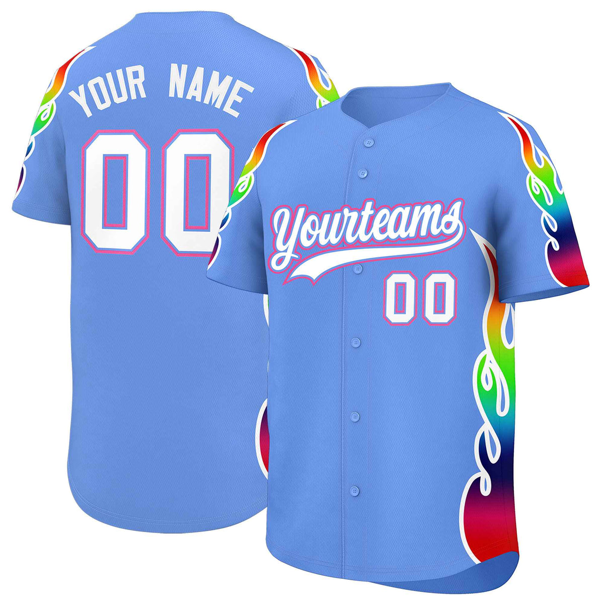 Custom Light Blue Graffiti Pattern Personalized Multicolored Flames Print Authentic Baseball Jersey| KXKSHOP