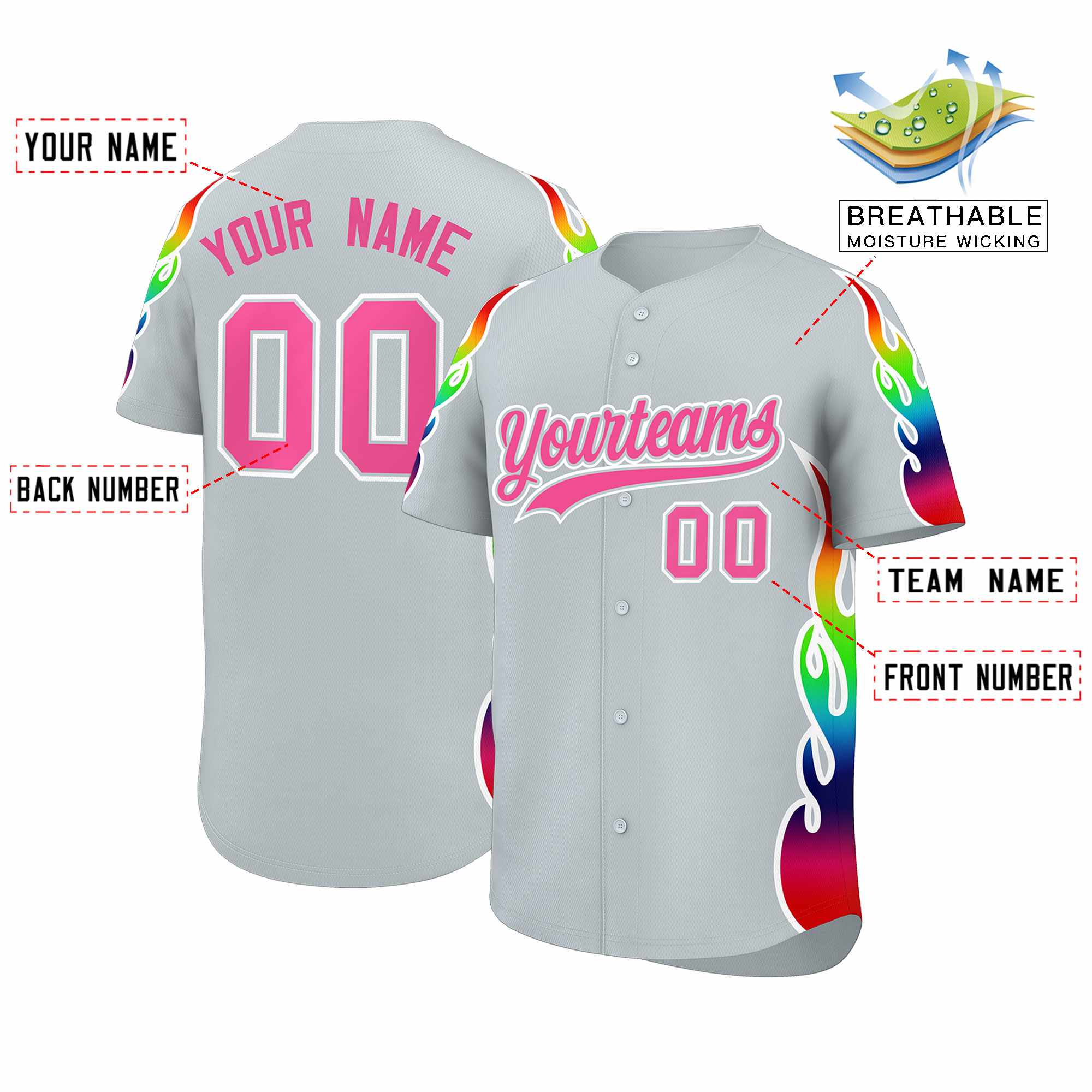 Custom Silver Graffiti Pattern Personalized Multicolored Flames Print Authentic Baseball Jersey| KXKSHOP