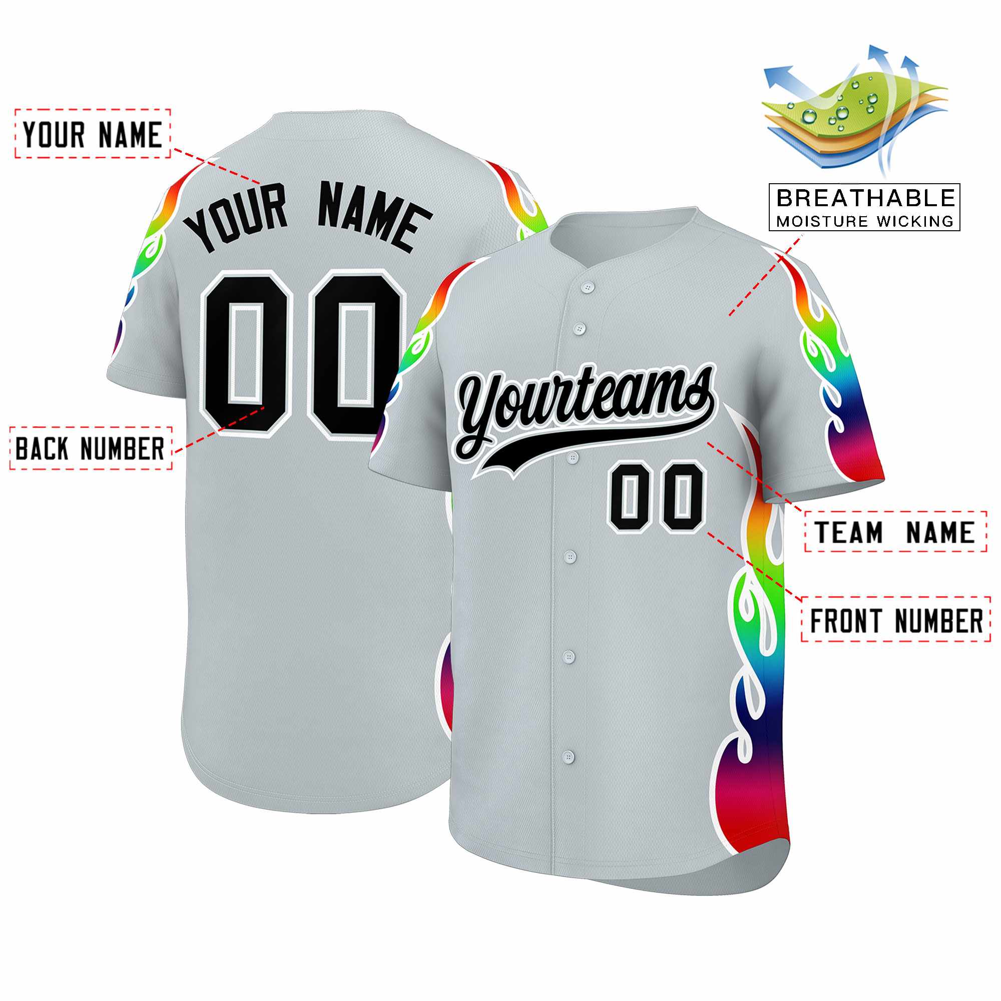 Custom Silver Graffiti Pattern Personalized Multicolored Flames Print Authentic Baseball Jersey| KXKSHOP
