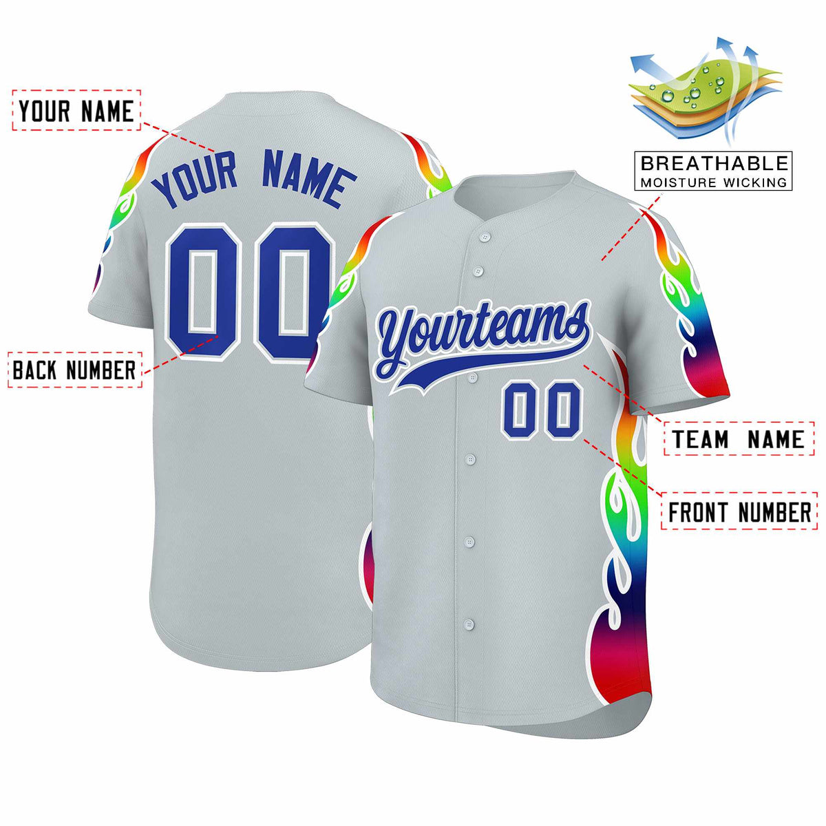 Custom Silver Graffiti Pattern Personalized Multicolored Flames Print Authentic Baseball Jersey| KXKSHOP