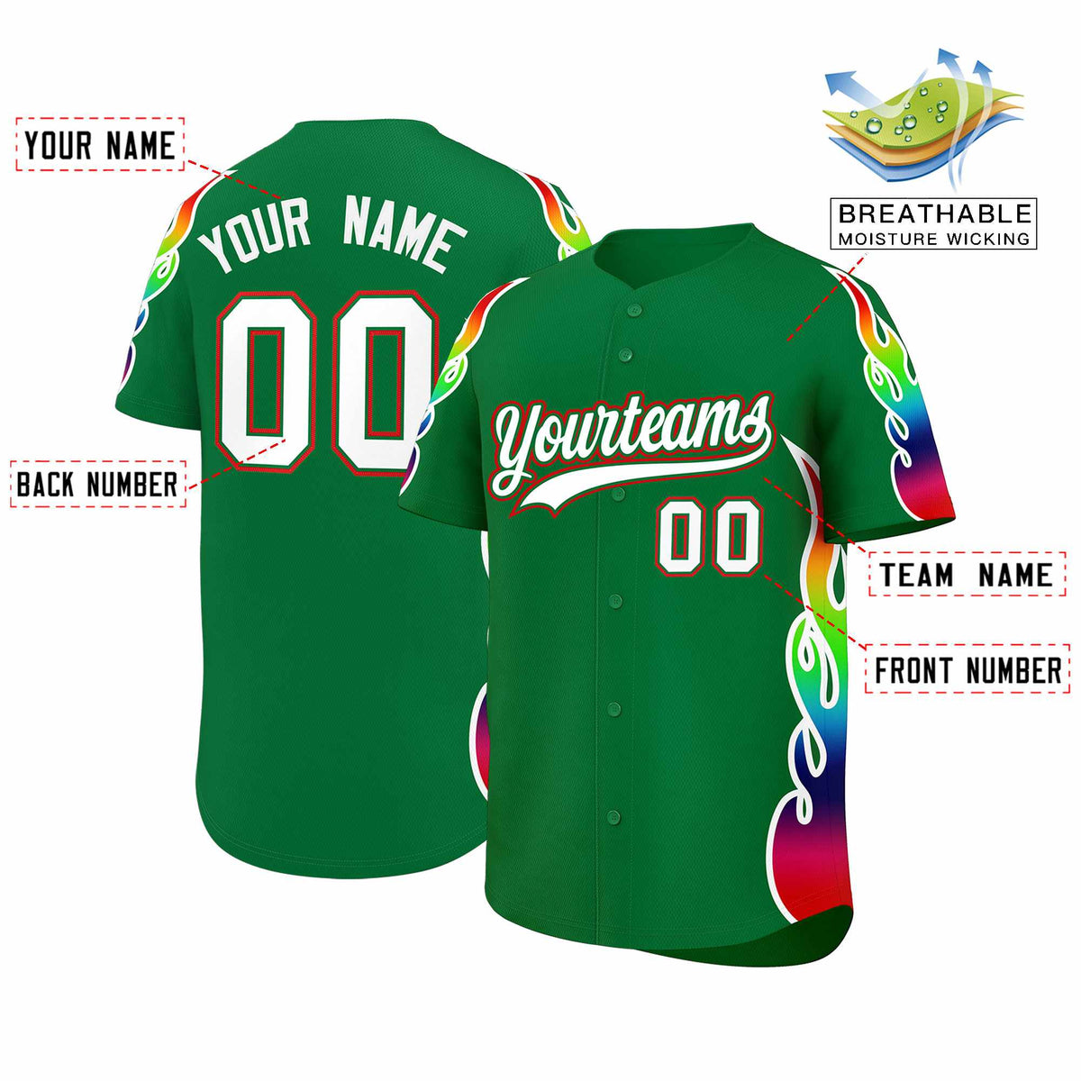 Custom Kelly Green Graffiti Pattern Personalized Multicolored Flames Print Authentic Baseball Jersey| KXKSHOP