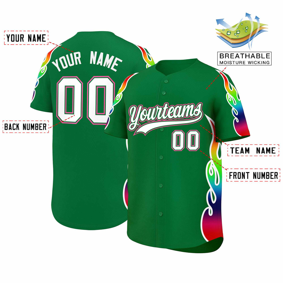 Custom Kelly Green Graffiti Pattern Personalized Multicolored Flames Print Authentic Baseball Jersey| KXKSHOP