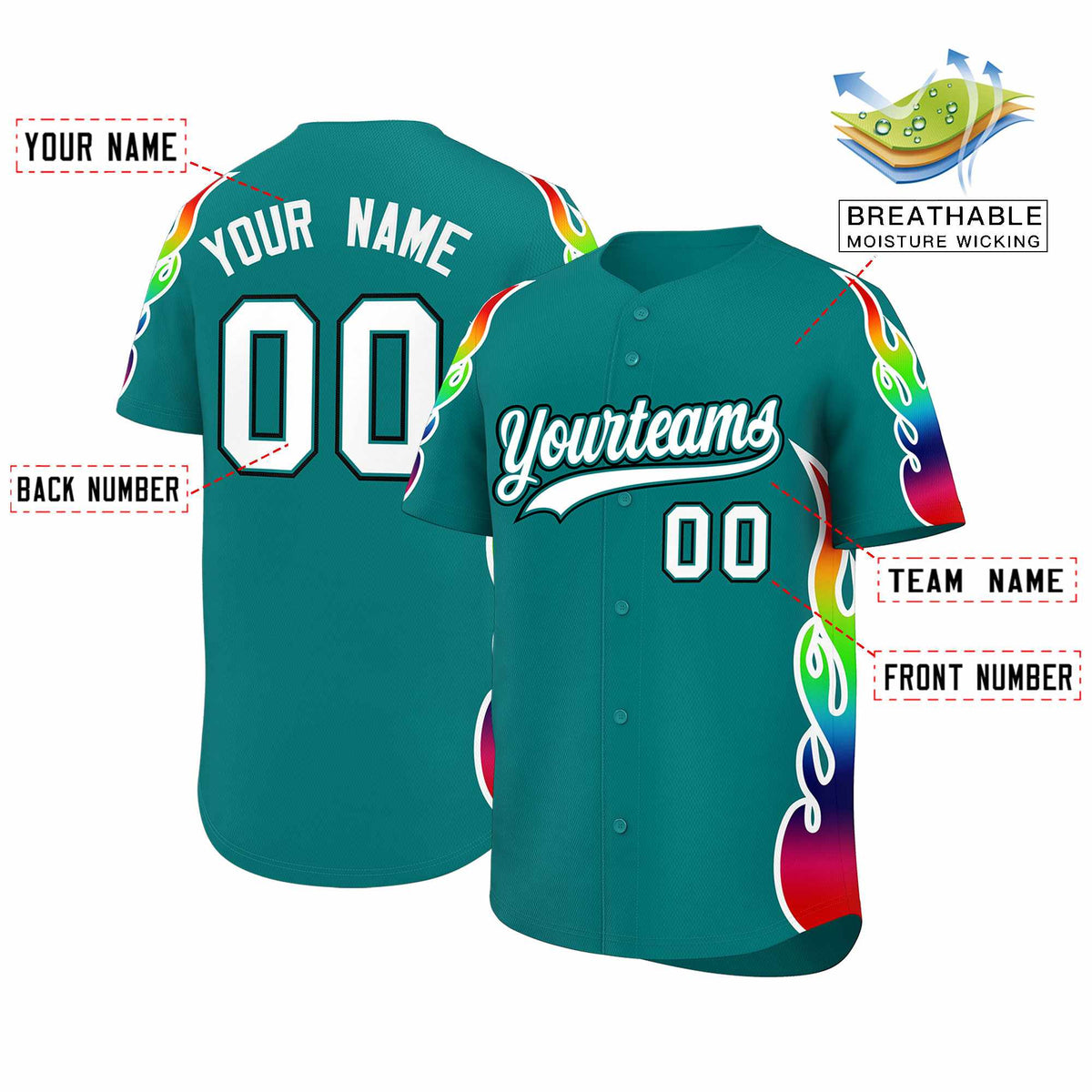 Custom Aqua Graffiti Pattern Personalized Multicolored Flames Print Authentic Baseball Jersey| KXKSHOP