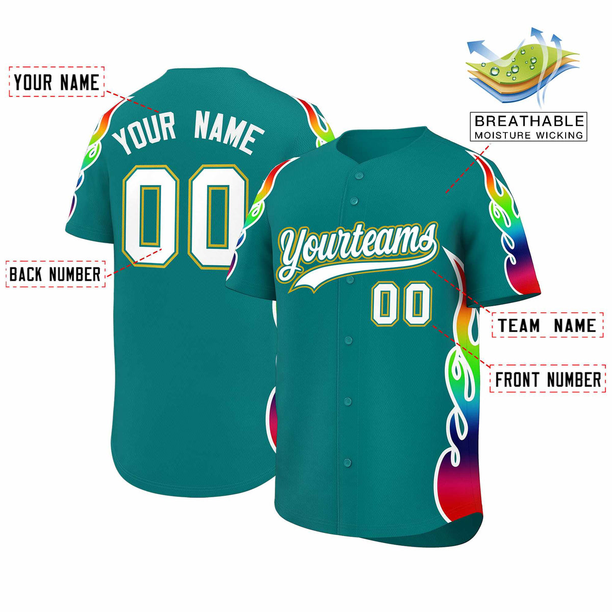 Custom Aqua Graffiti Pattern Personalized Multicolored Flames Print Authentic Baseball Jersey| KXKSHOP