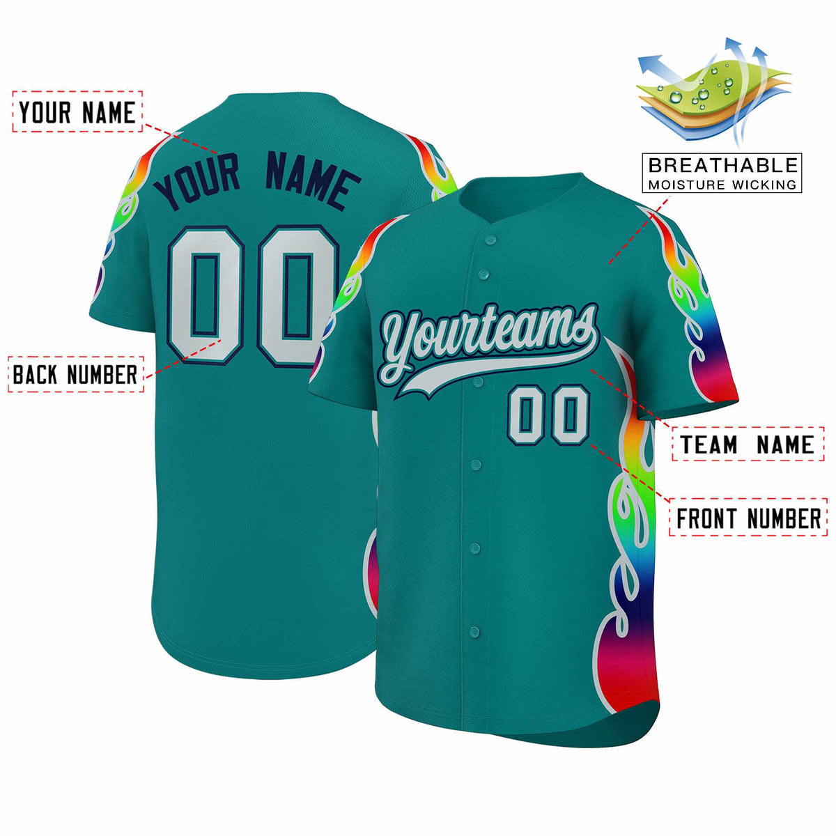 Custom Aqua Graffiti Pattern Personalized Multicolored Flames Print Authentic Baseball Jersey| KXKSHOP