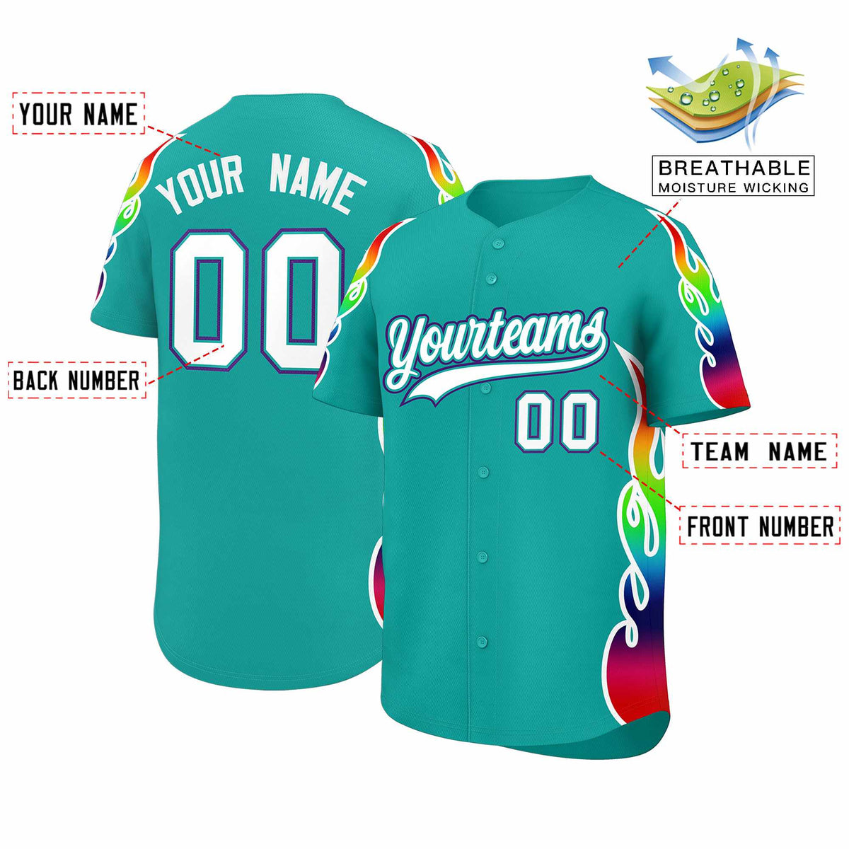 Custom Aqua Graffiti Pattern Personalized Multicolored Flames Print Authentic Baseball Jersey| KXKSHOP