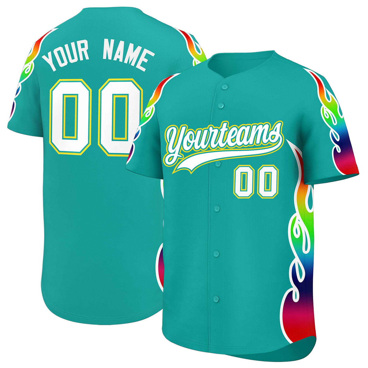 Custom Aqua Graffiti Pattern Personalized Multicolored Flames Print Authentic Baseball Jersey| KXKSHOP