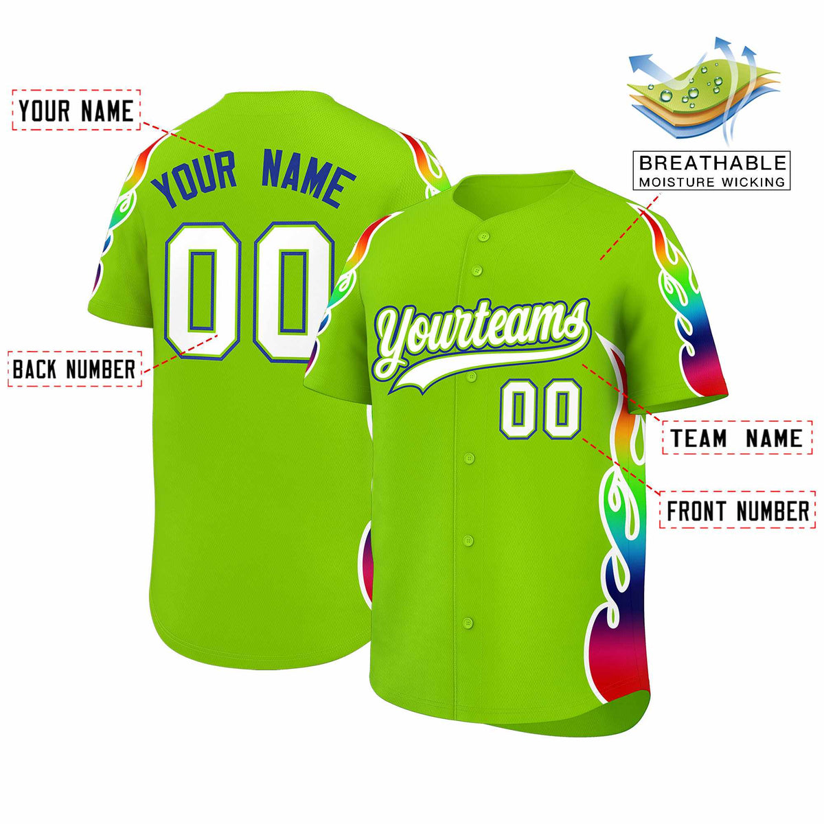 Custom Neon Green Graffiti Pattern Personalized Multicolored Flames Print Authentic Baseball Jersey| KXKSHOP