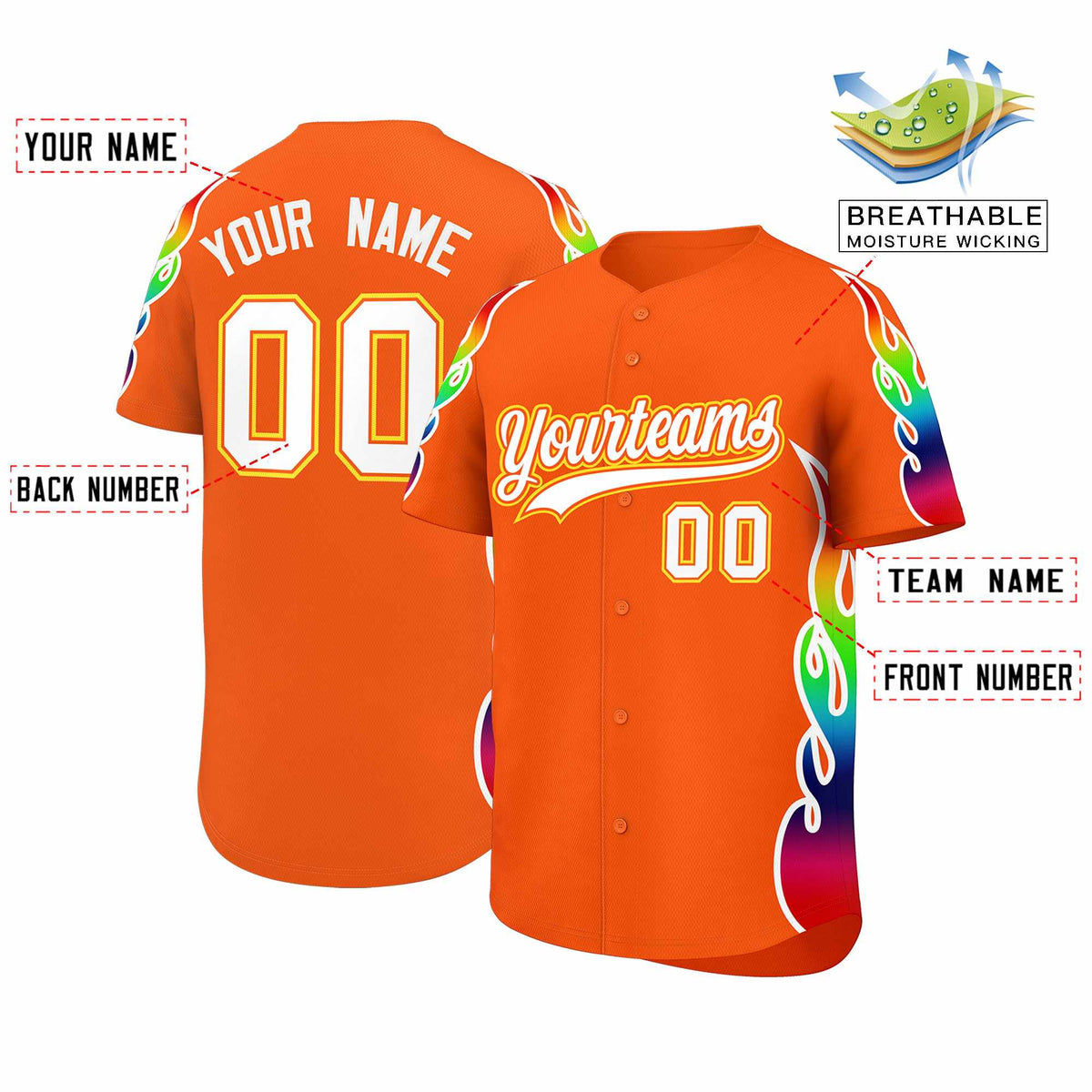 Custom Orange Graffiti Pattern Personalized Multicolored Flames Print Authentic Baseball Jersey| KXKSHOP