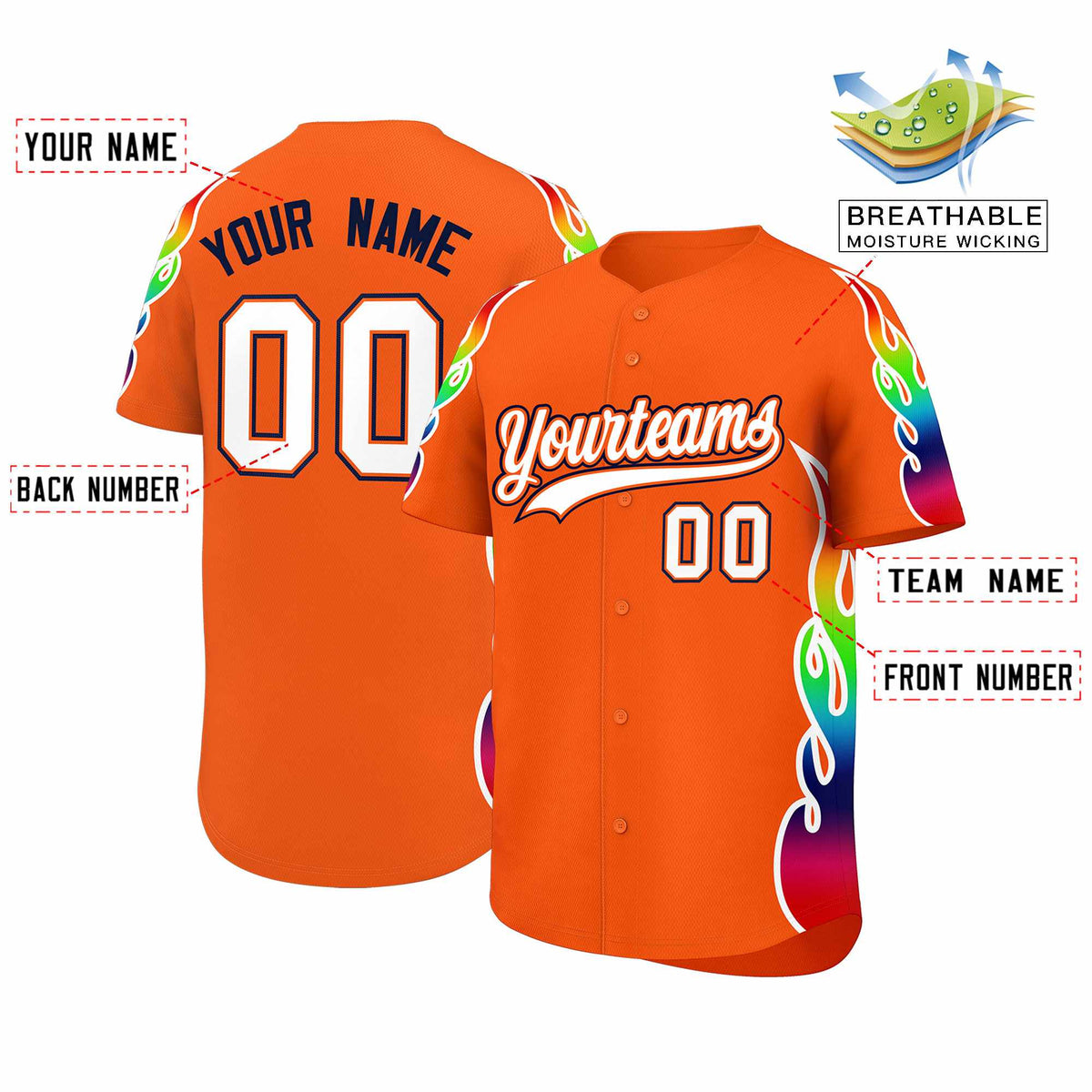 Custom Orange Graffiti Pattern Personalized Multicolored Flames Print Authentic Baseball Jersey| KXKSHOP