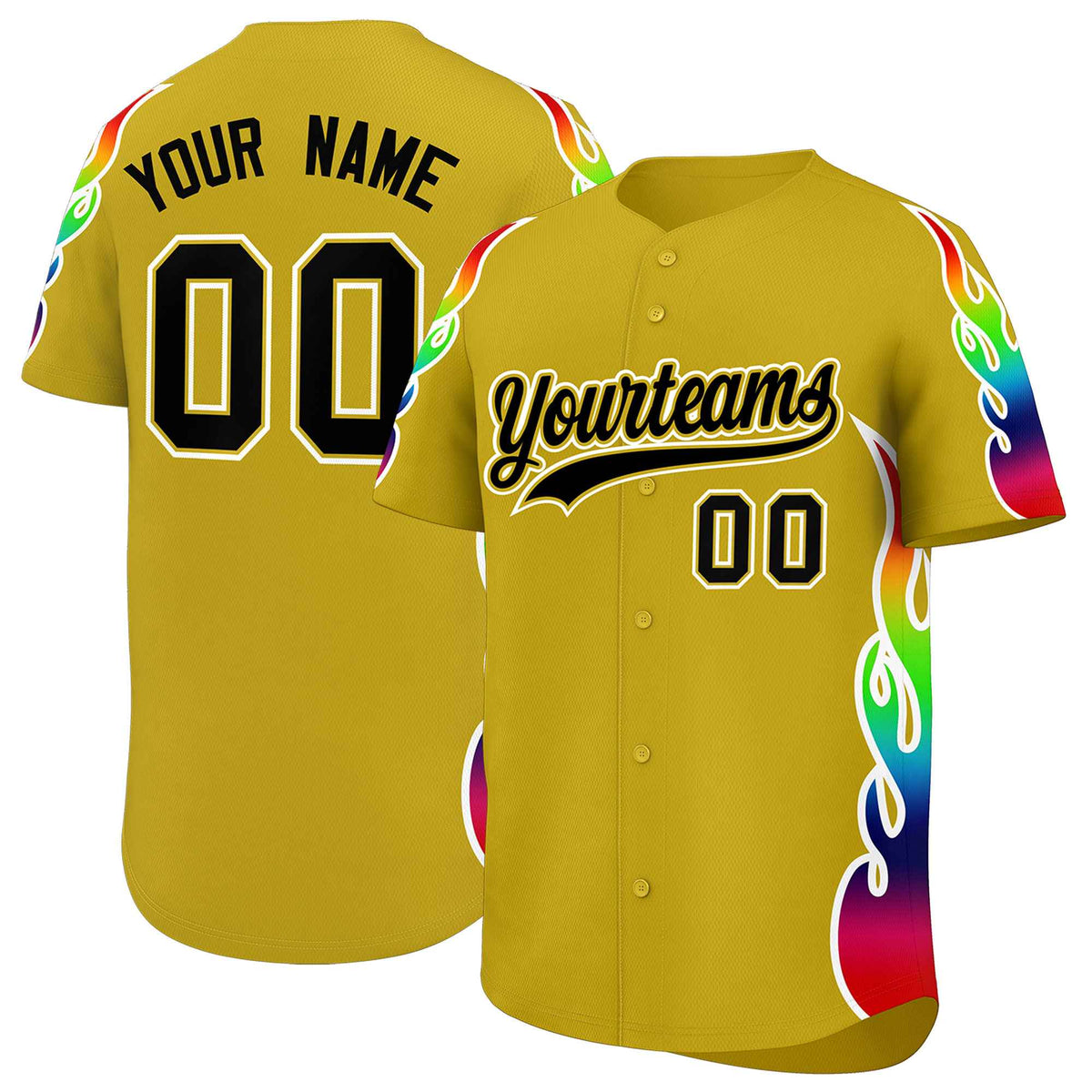 Custom Old Gold Graffiti Pattern Personalized Multicolored Flames Print Authentic Baseball Jersey| KXKSHOP