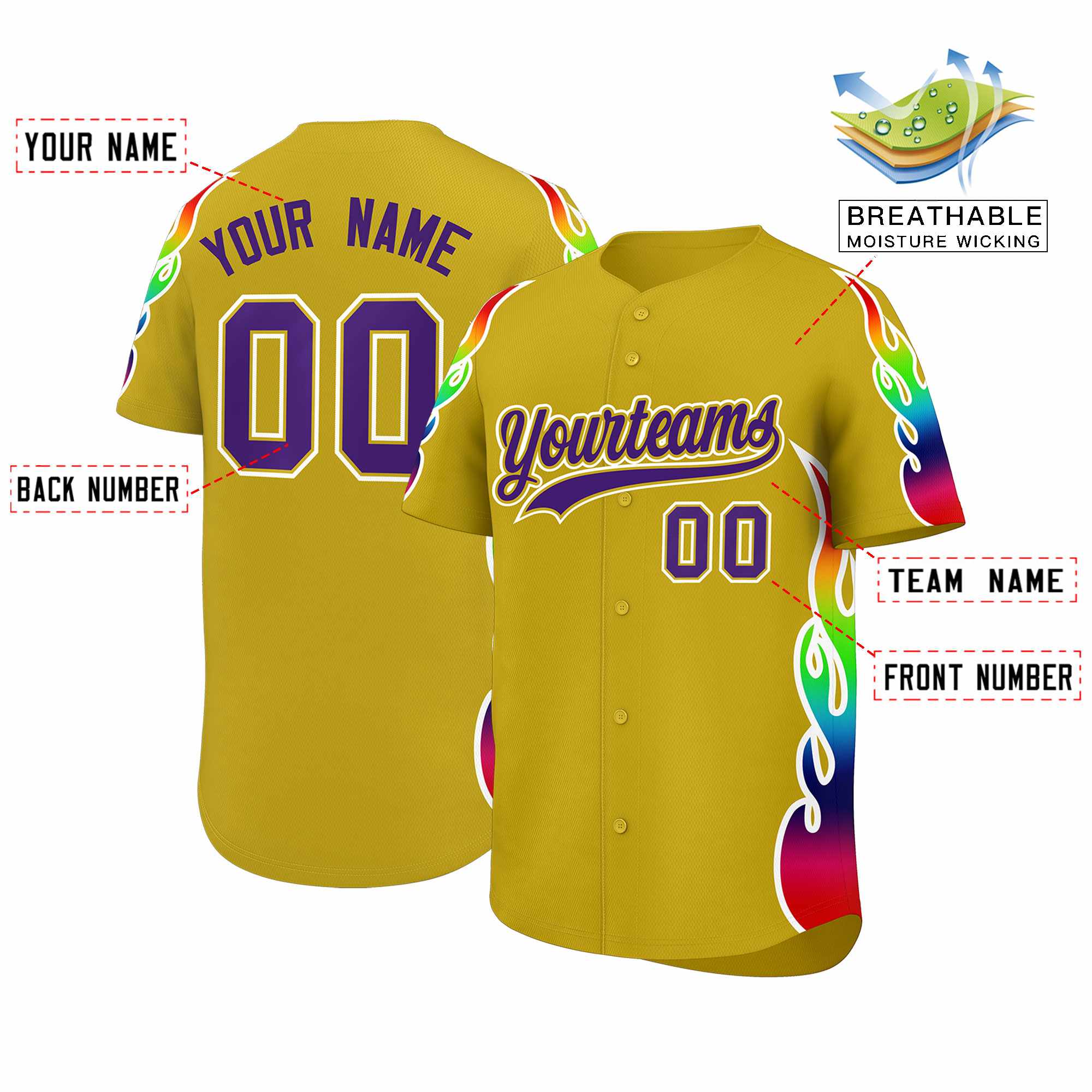 Custom Old Gold Graffiti Pattern Personalized Multicolored Flames Print Authentic Baseball Jersey| KXKSHOP