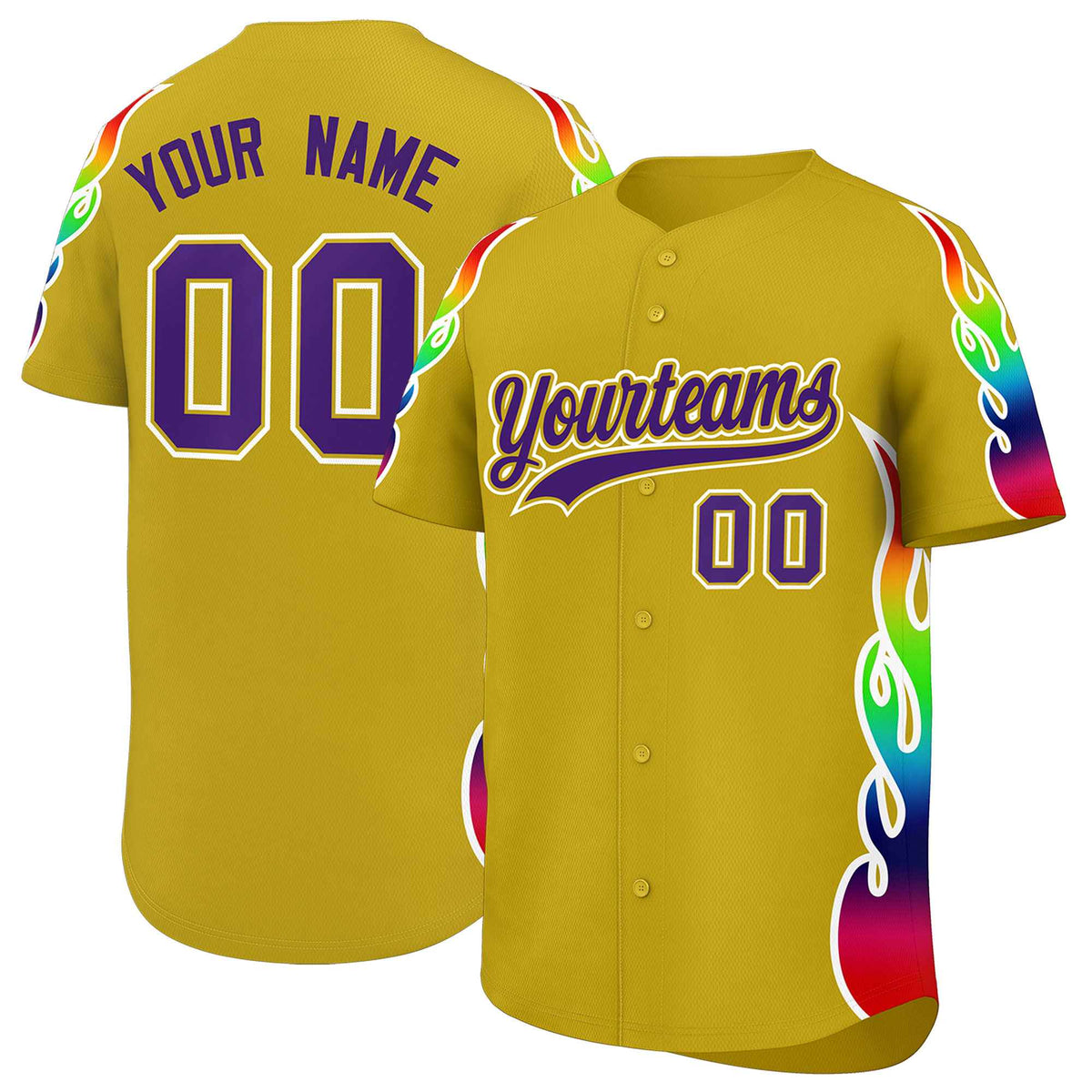 Custom Old Gold Graffiti Pattern Personalized Multicolored Flames Print Authentic Baseball Jersey| KXKSHOP