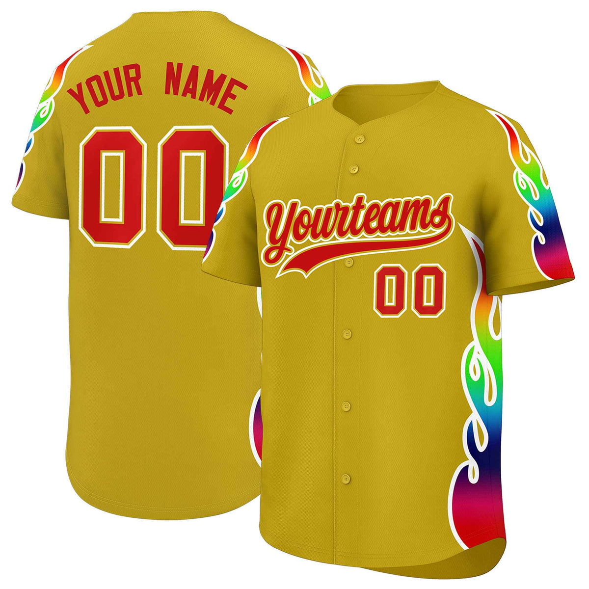Custom Old Gold Graffiti Pattern Personalized Multicolored Flames Print Authentic Baseball Jersey| KXKSHOP
