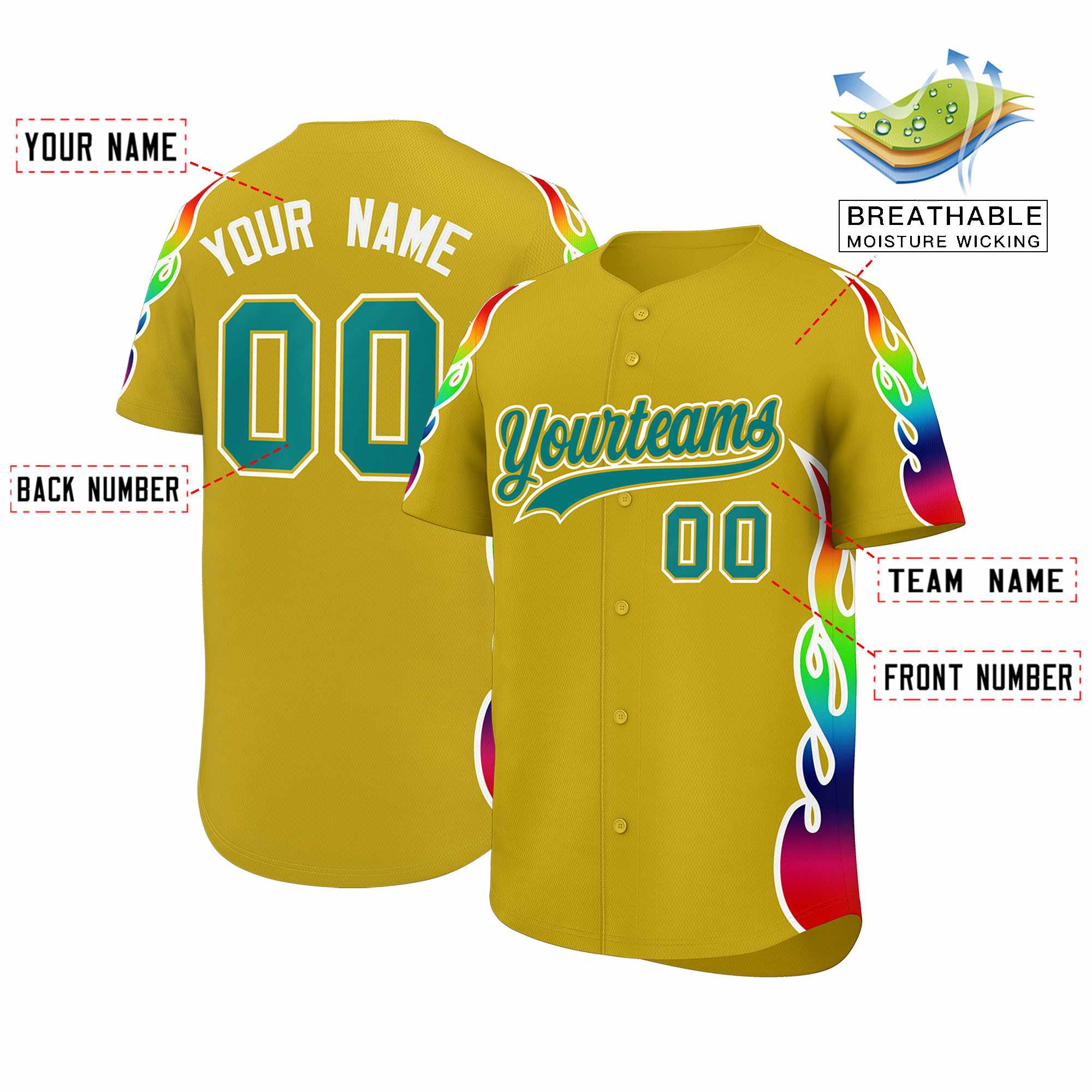 Custom Old Gold Graffiti Pattern Personalized Multicolored Flames Print Authentic Baseball Jersey| KXKSHOP