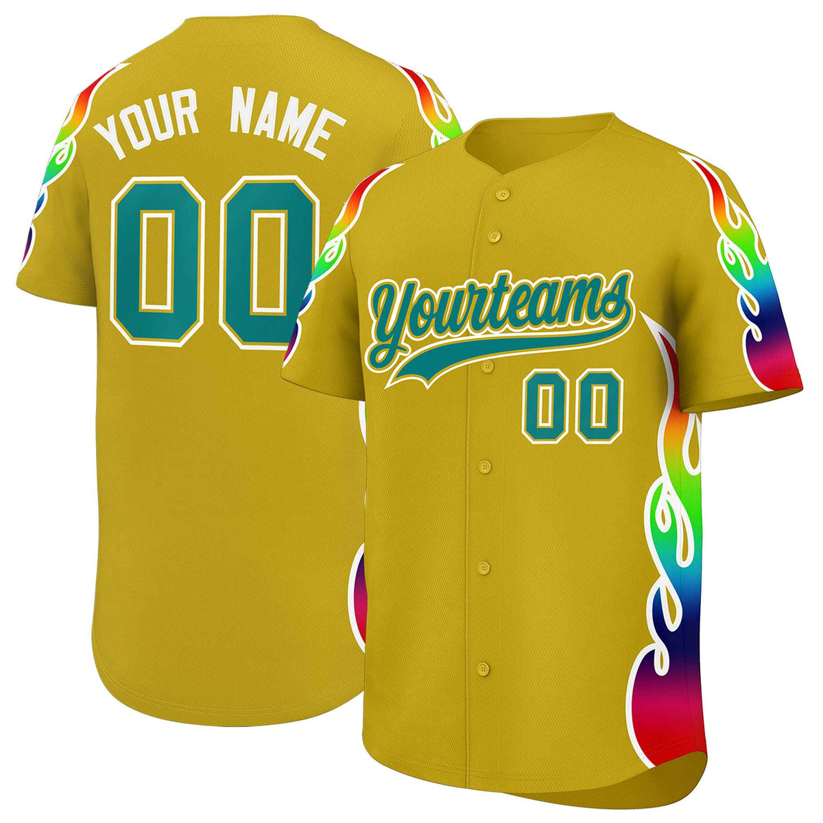 Custom Old Gold Graffiti Pattern Personalized Multicolored Flames Print Authentic Baseball Jersey| KXKSHOP