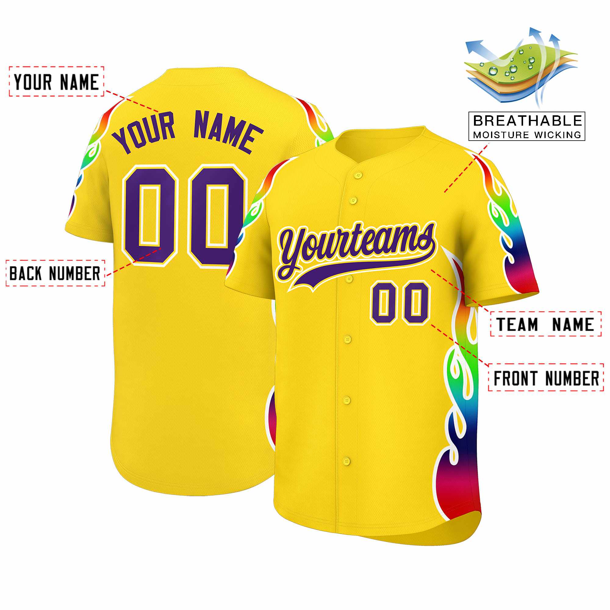 Custom Gold Graffiti Pattern Personalized Multicolored Flames Print Authentic Baseball Jersey| KXKSHOP