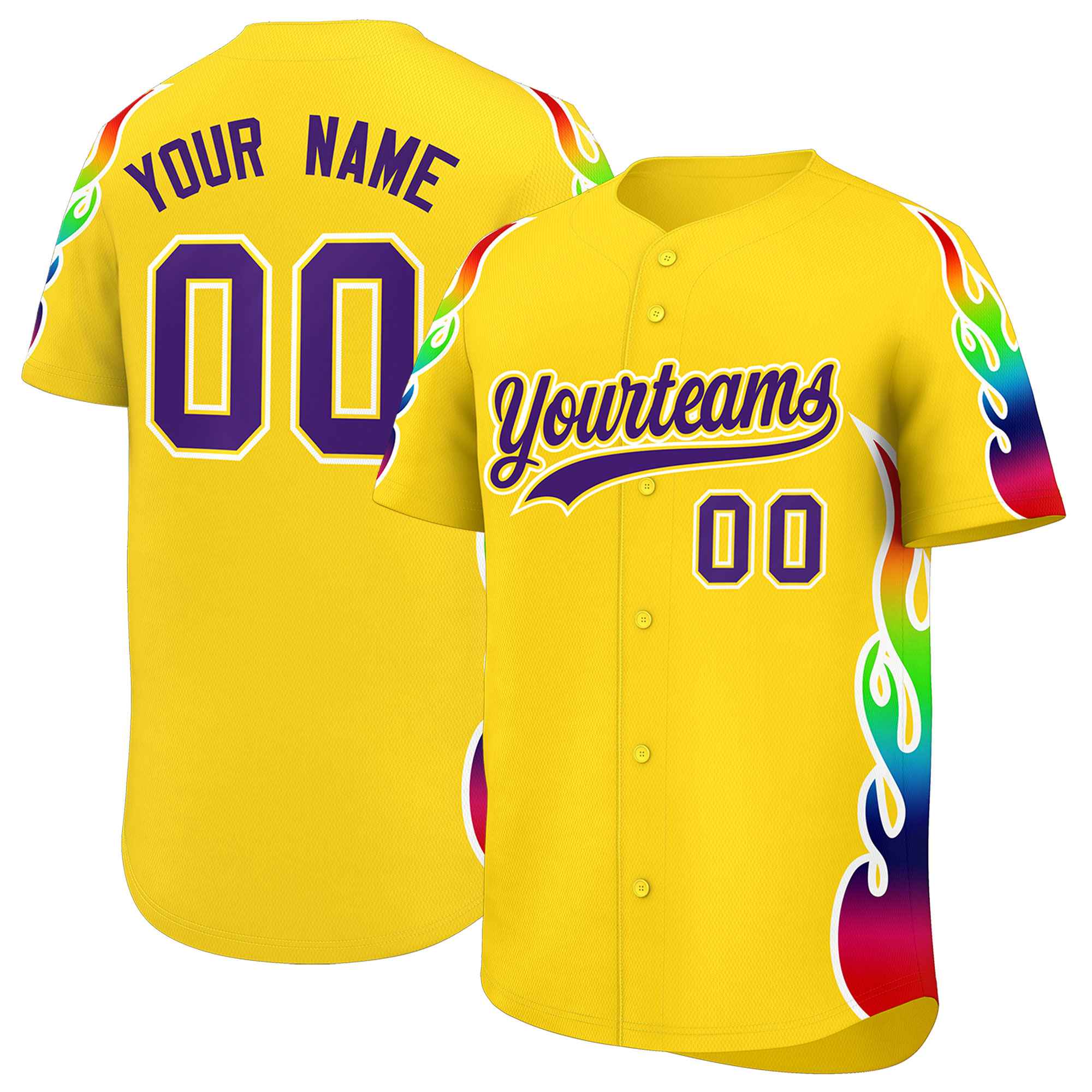 Custom Gold Graffiti Pattern Personalized Multicolored Flames Print Authentic Baseball Jersey| KXKSHOP