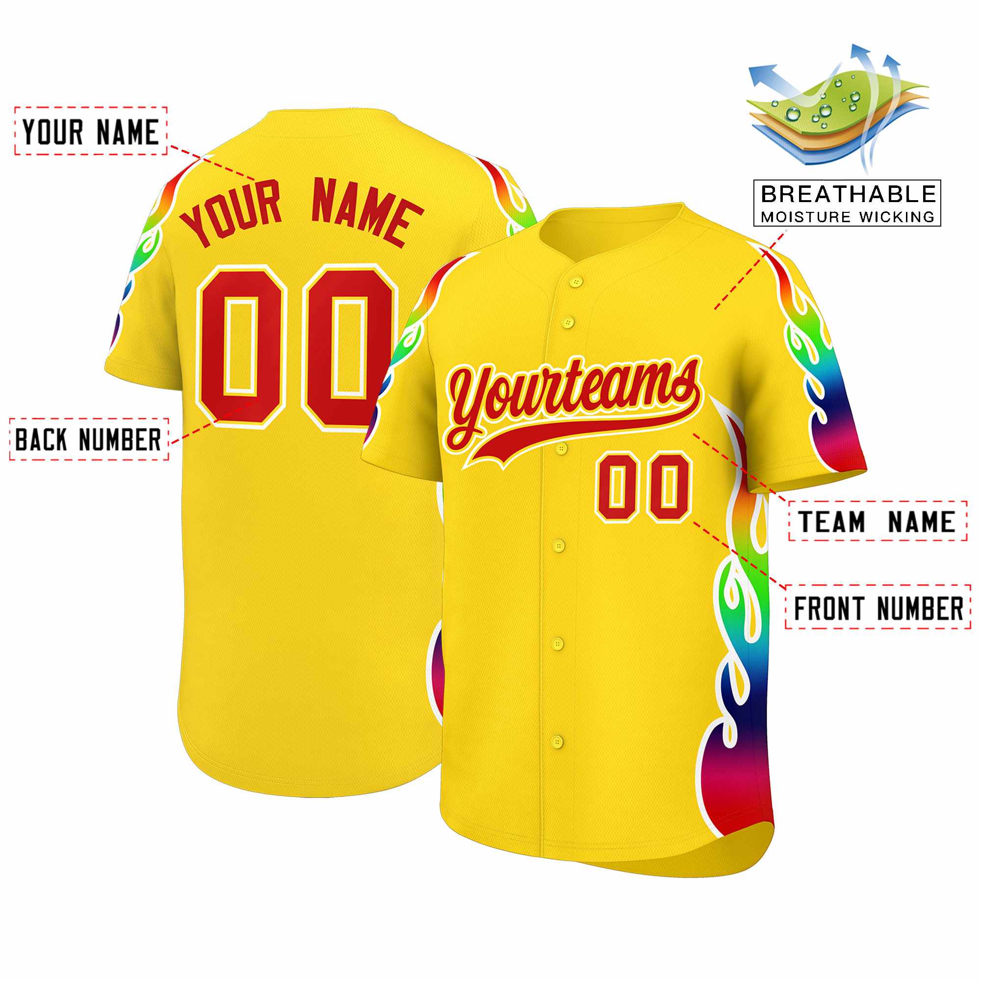 Custom Gold Graffiti Pattern Personalized Multicolored Flames Print Authentic Baseball Jersey| KXKSHOP