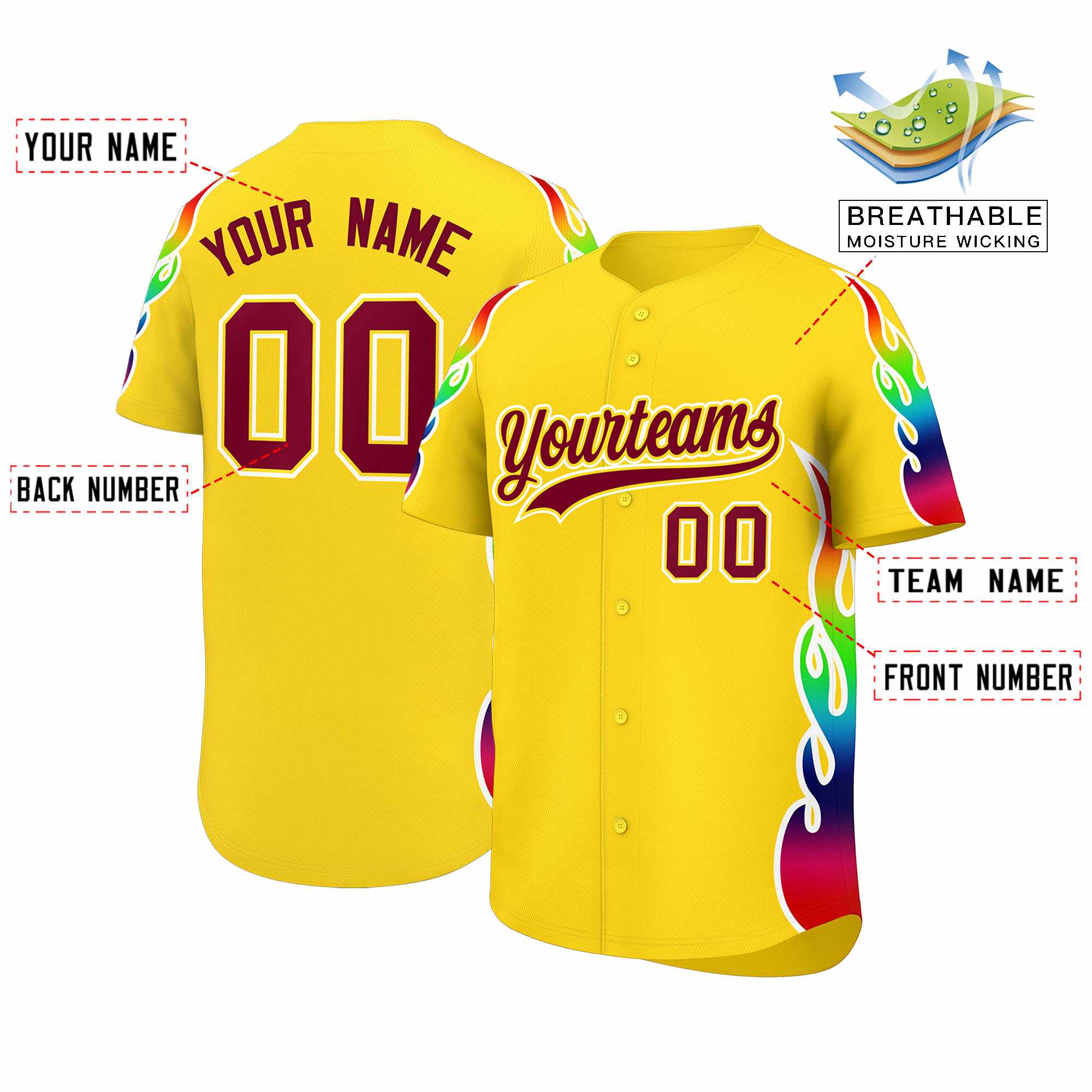 Custom Gold Graffiti Pattern Personalized Multicolored Flames Print Authentic Baseball Jersey| KXKSHOP