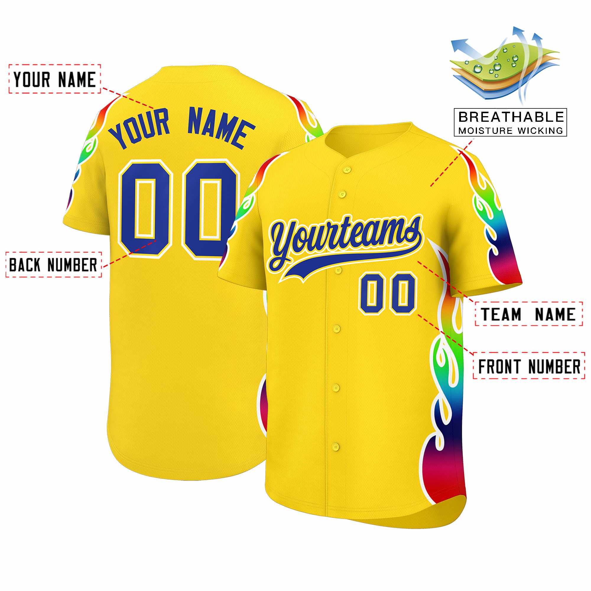 Custom Gold Graffiti Pattern Personalized Multicolored Flames Print Authentic Baseball Jersey| KXKSHOP