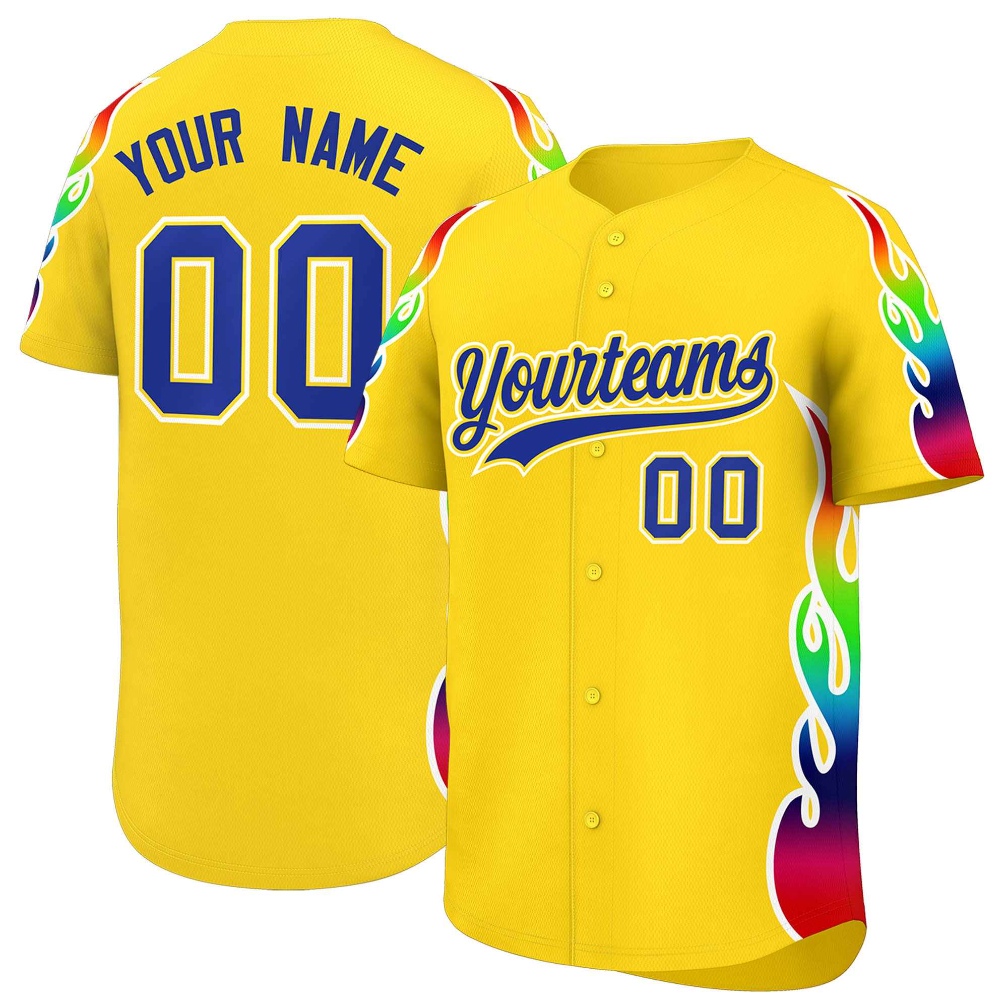 Custom Gold Graffiti Pattern Personalized Multicolored Flames Print Authentic Baseball Jersey| KXKSHOP