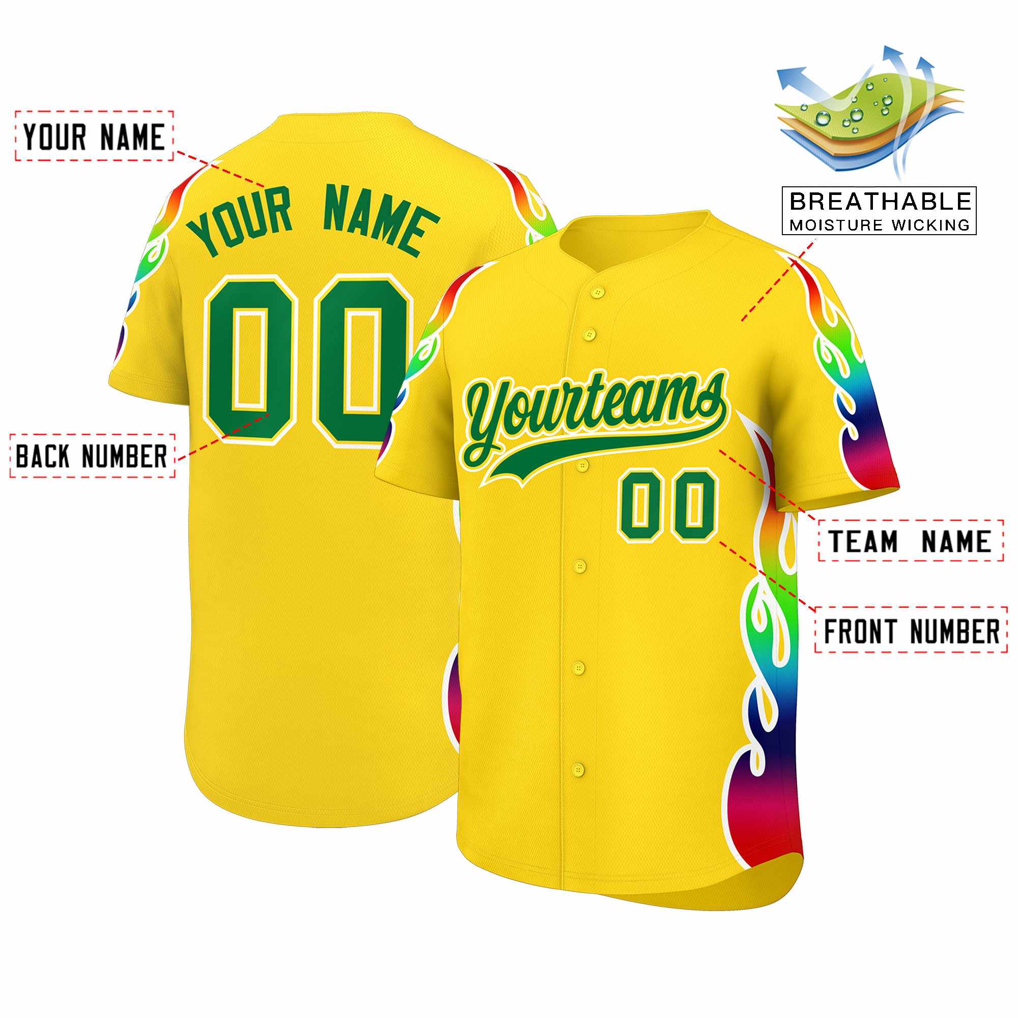 Custom Gold Graffiti Pattern Personalized Multicolored Flames Print Authentic Baseball Jersey| KXKSHOP