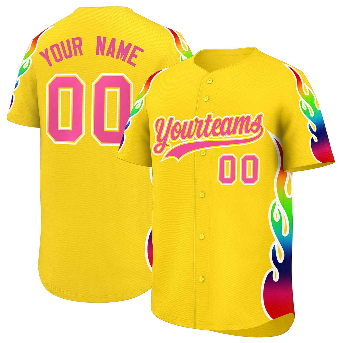 Custom Gold Graffiti Pattern Personalized Multicolored Flames Print Authentic Baseball Jersey| KXKSHOP