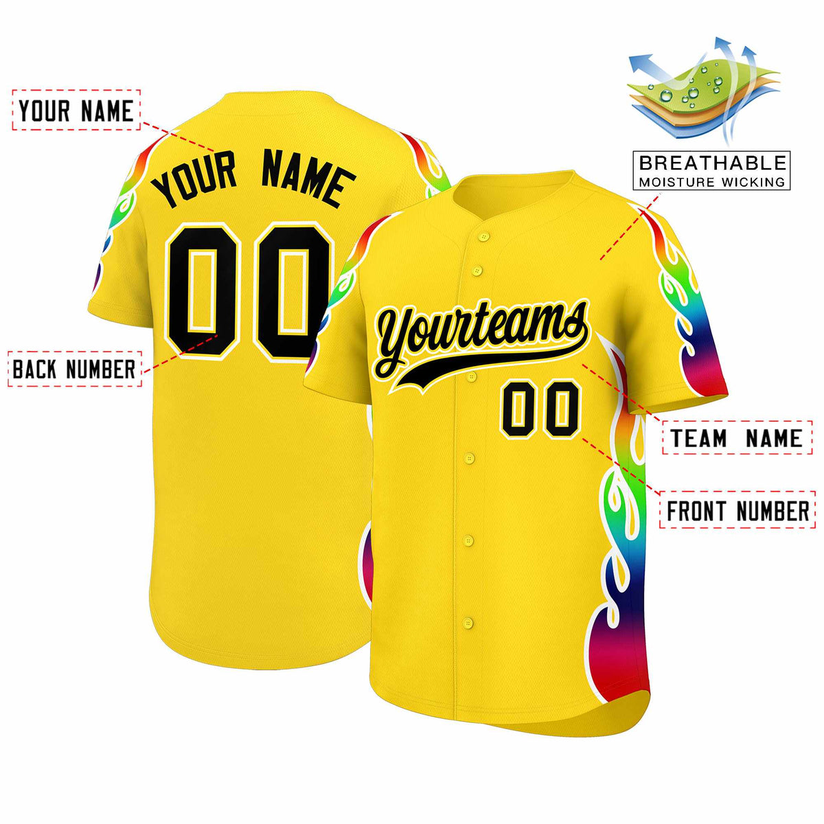 Custom Gold Graffiti Pattern Personalized Multicolored Flames Print Authentic Baseball Jersey| KXKSHOP