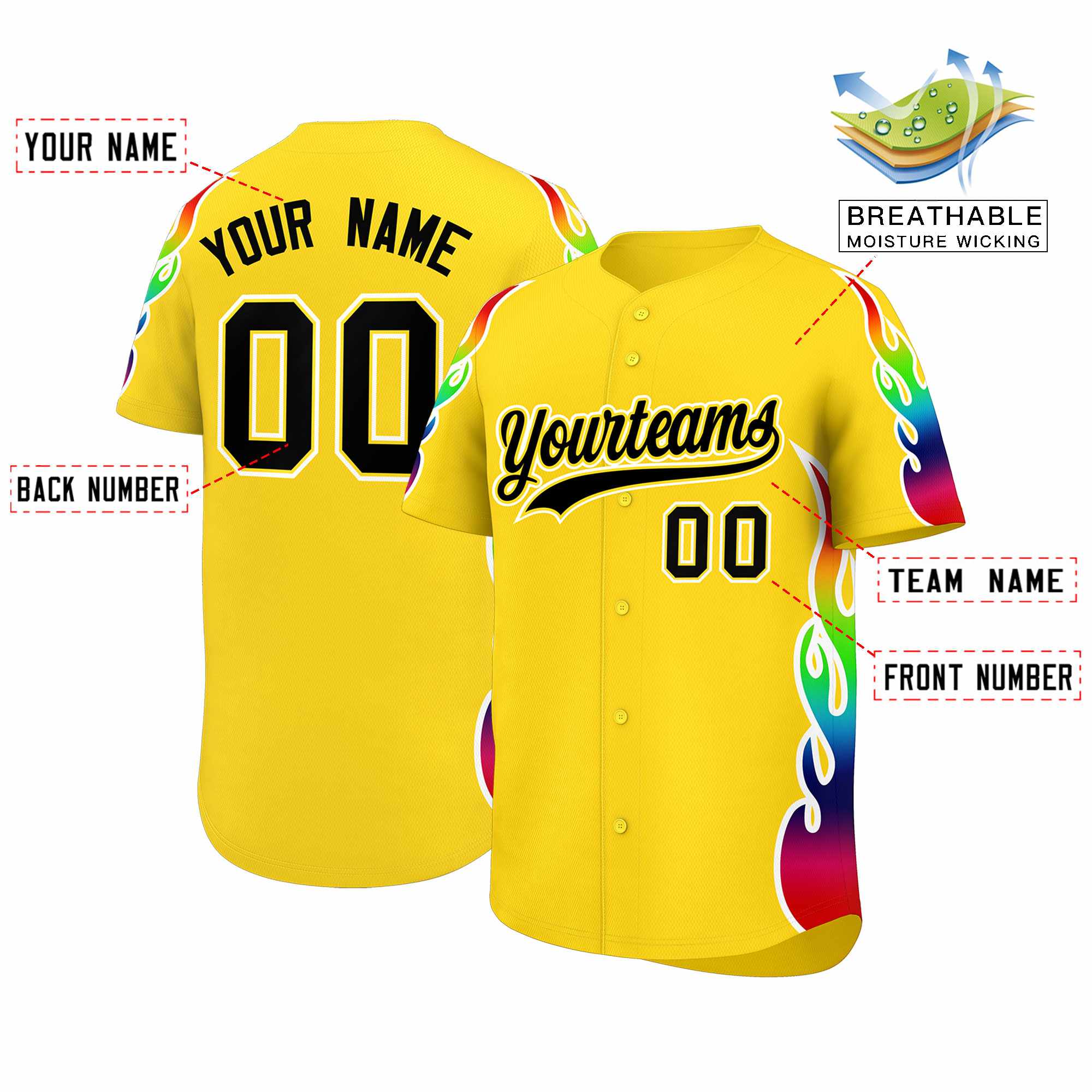 Custom Gold Graffiti Pattern Personalized Multicolored Flames Print Authentic Baseball Jersey| KXKSHOP