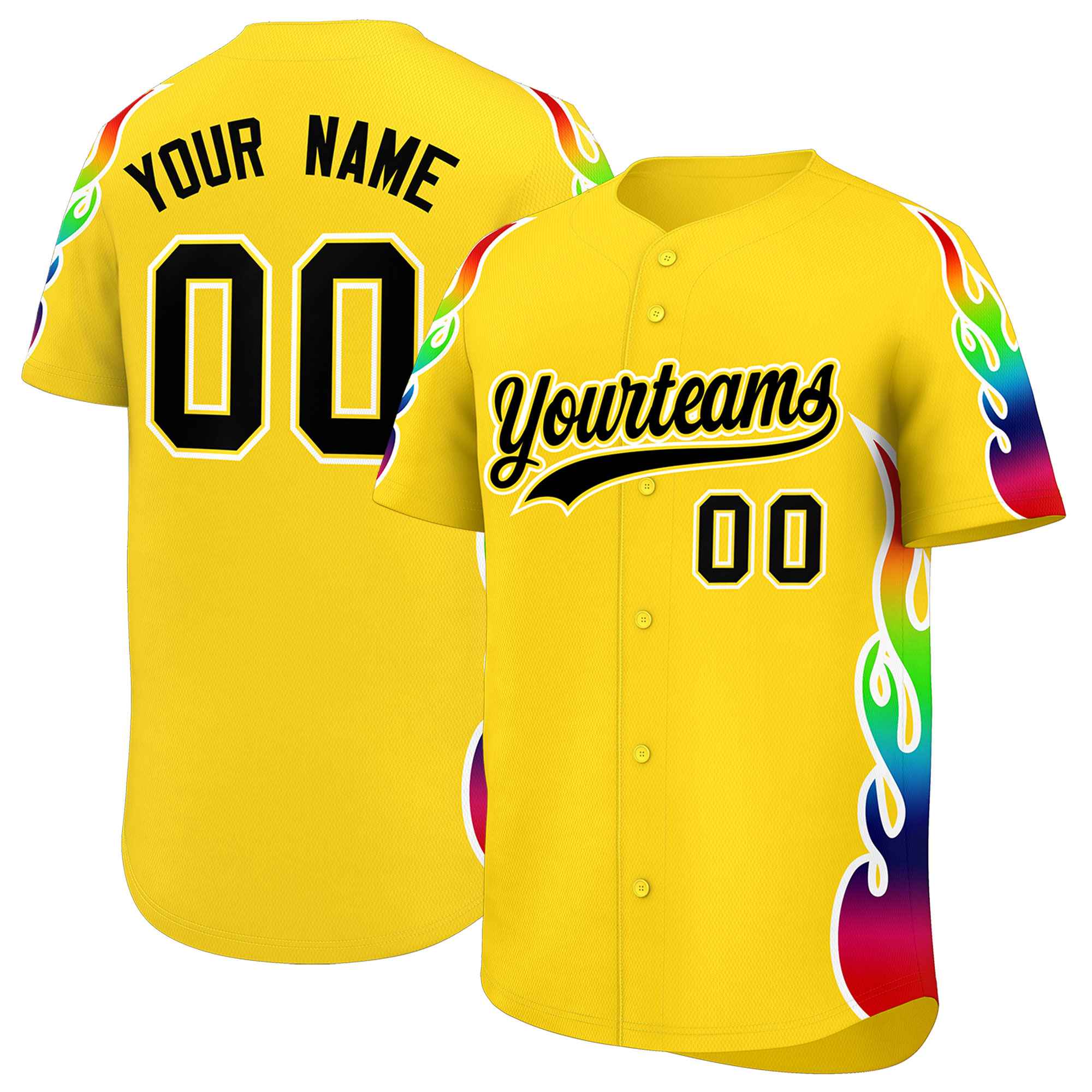 Custom Gold Graffiti Pattern Personalized Multicolored Flames Print Authentic Baseball Jersey| KXKSHOP