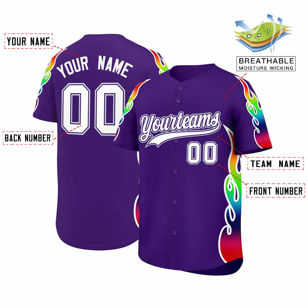 Custom Purple Graffiti Pattern Personalized Multicolored Flames Print Authentic Baseball Jersey| KXKSHOP
