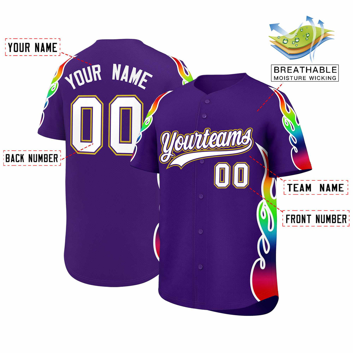 Custom Purple Graffiti Pattern Personalized Multicolored Flames Print Authentic Baseball Jersey| KXKSHOP