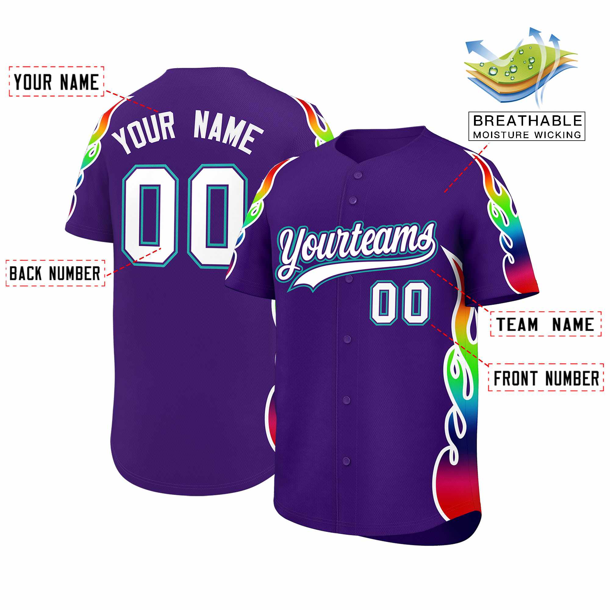 Custom Purple Graffiti Pattern Personalized Multicolored Flames Print Authentic Baseball Jersey| KXKSHOP