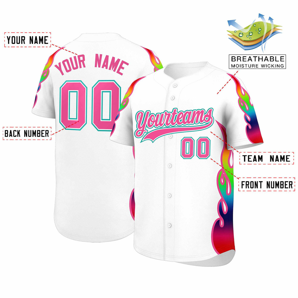Custom White Graffiti Pattern Personalized Multicolored Flames Print Authentic Baseball Jersey| KXKSHOP