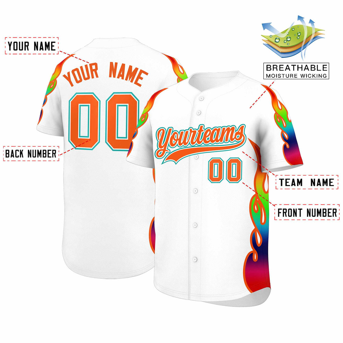 Custom White Graffiti Pattern Personalized Multicolored Flames Print Authentic Baseball Jersey| KXKSHOP