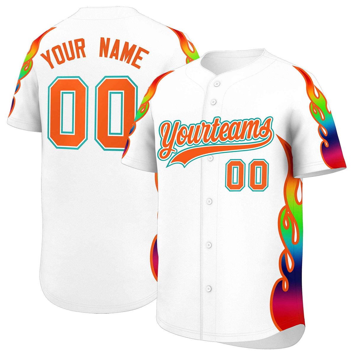 Custom White Graffiti Pattern Personalized Multicolored Flames Print Authentic Baseball Jersey| KXKSHOP