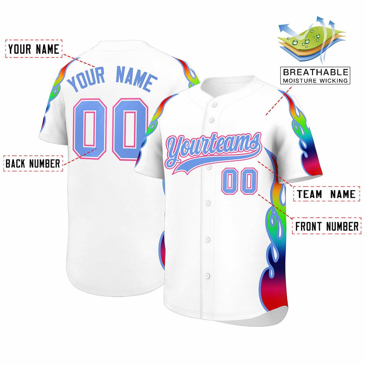 Custom White Graffiti Pattern Personalized Multicolored Flames Print Authentic Baseball Jersey| KXKSHOP