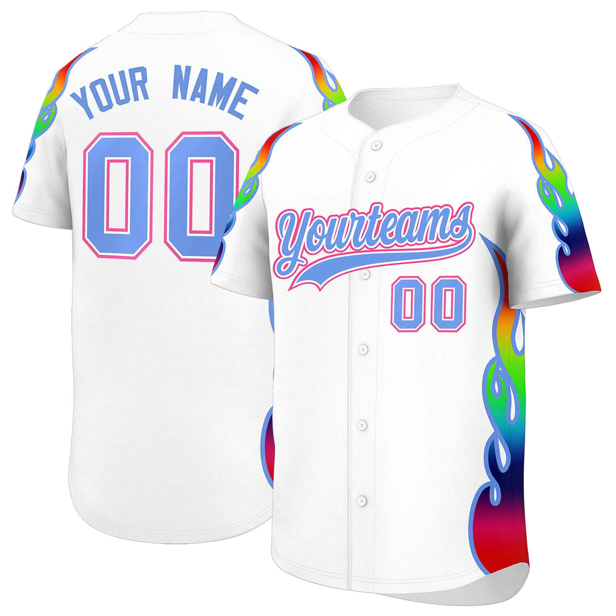 Custom White Graffiti Pattern Personalized Multicolored Flames Print Authentic Baseball Jersey| KXKSHOP