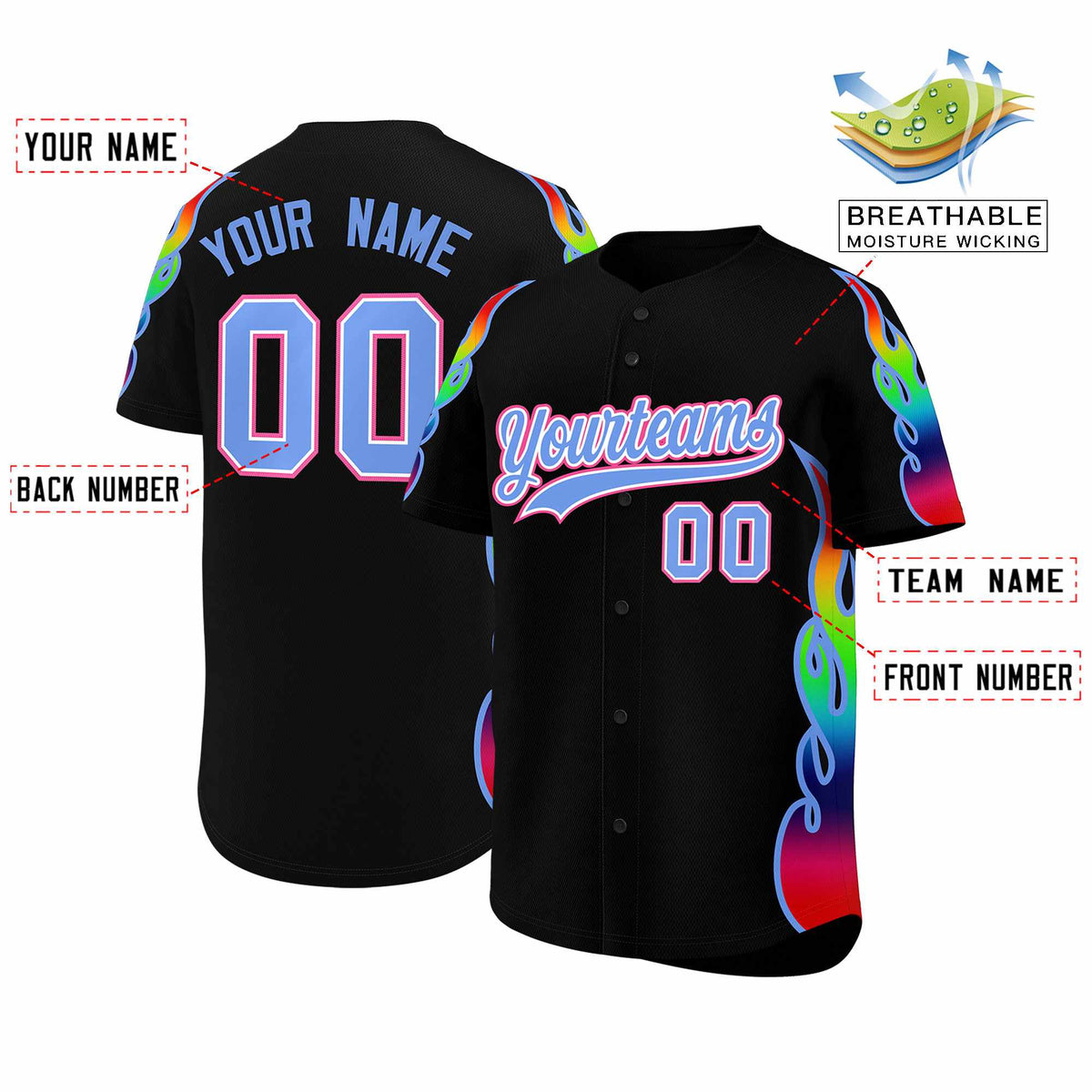Custom Black Graffiti Pattern Personalized Multicolored Flames Print Authentic Baseball Jersey| KXKSHOP